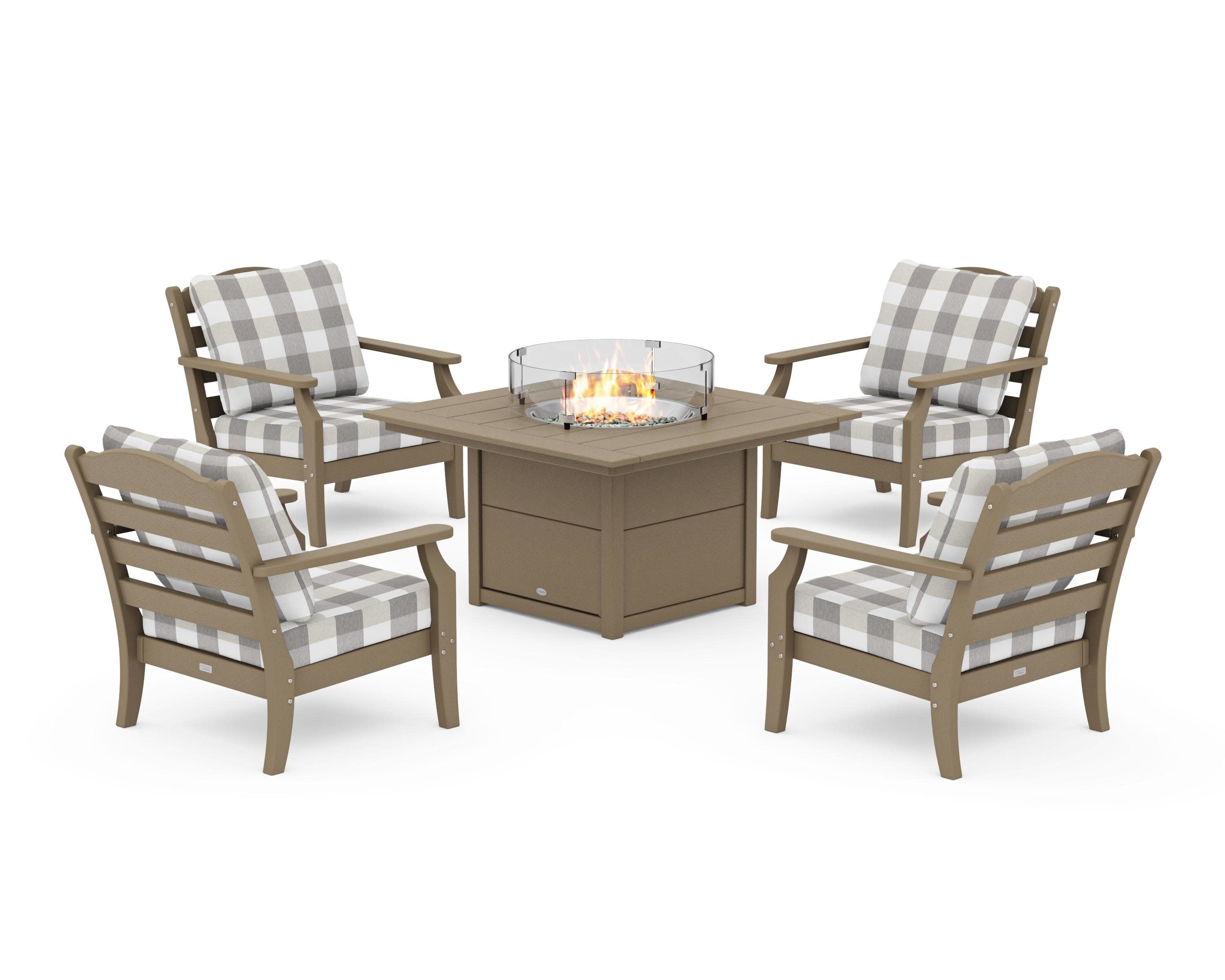 Savannah 5-Piece Deep Seating Set with Fire Pit Table in Vintage Sahara / Buffalo Plaid Grey Mist