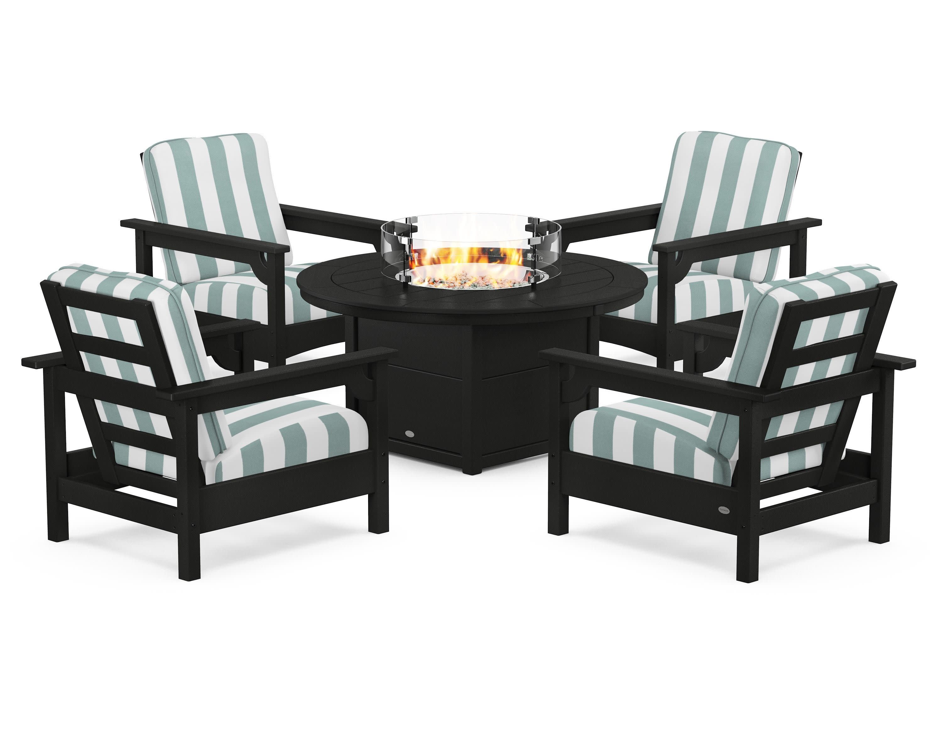 Club 5-Piece Conversation Set with Fire Pit Table in Black / Cabana Stripe Glacier Spa