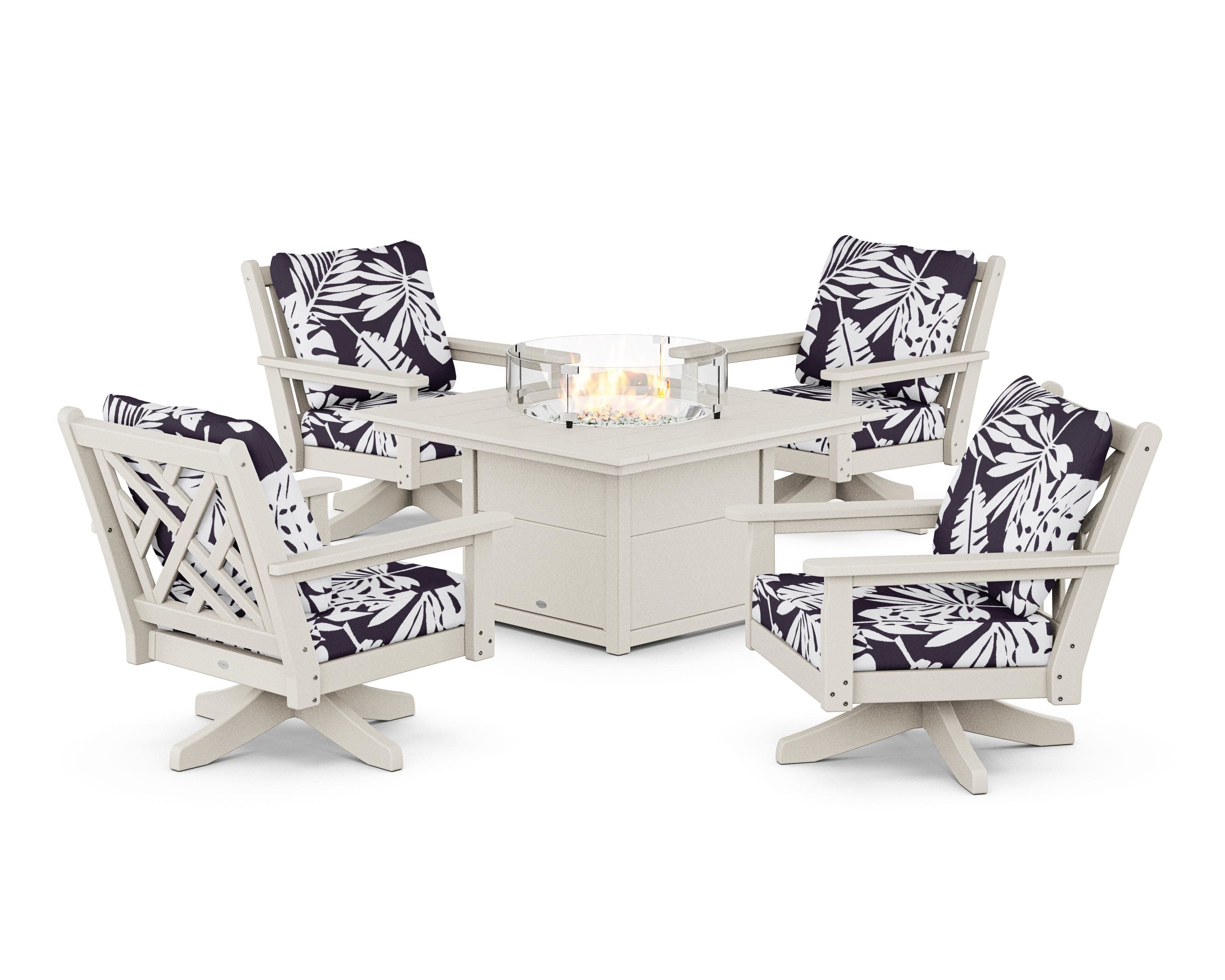 Chippendale 5-Piece Deep Seating Swivel Conversation Set with Fire Pit Table in Sand / Leaf Navy