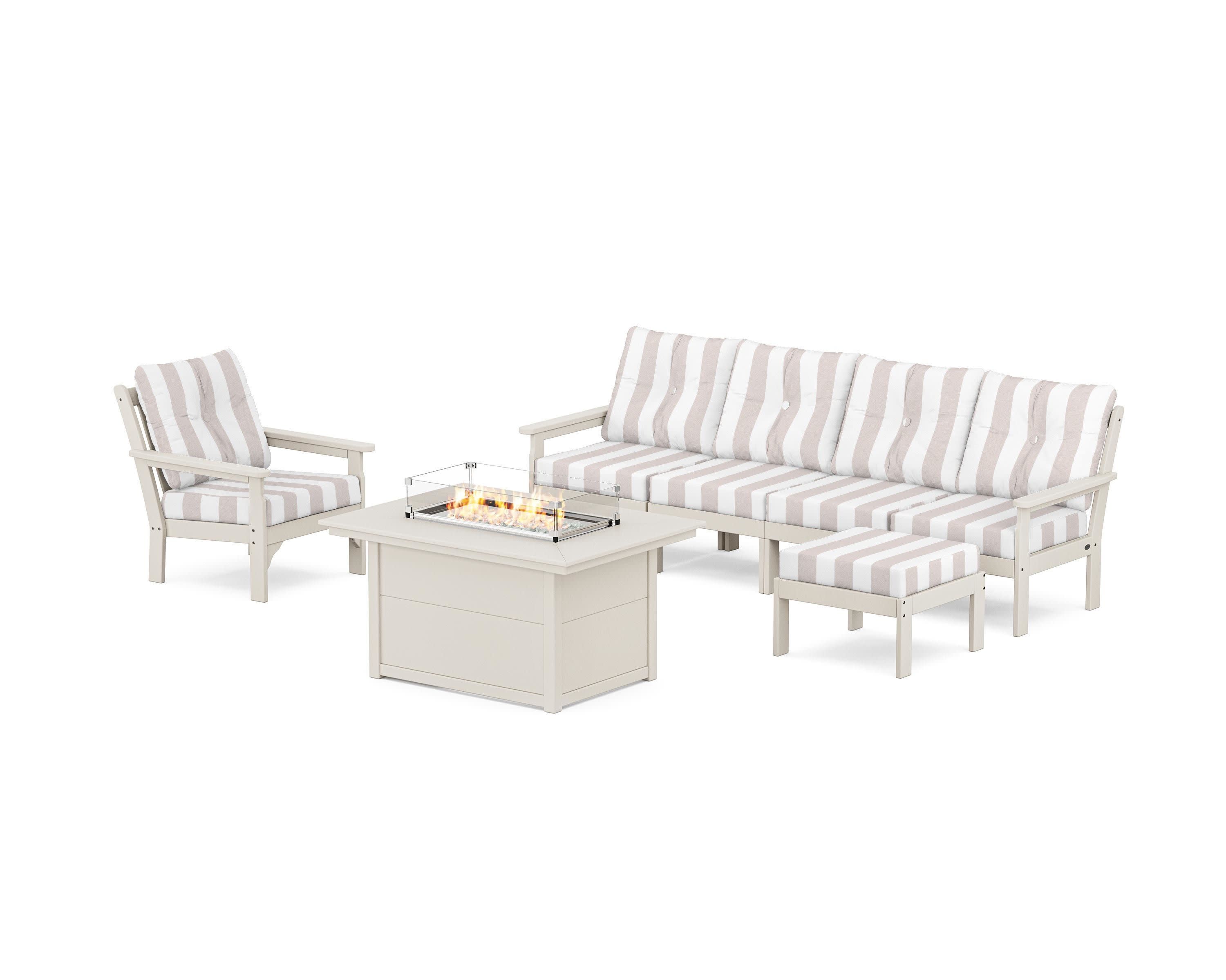 Vineyard Sectional Lounge and Fire Pit Set in Sand / Cabana Stripe Dune Burlap