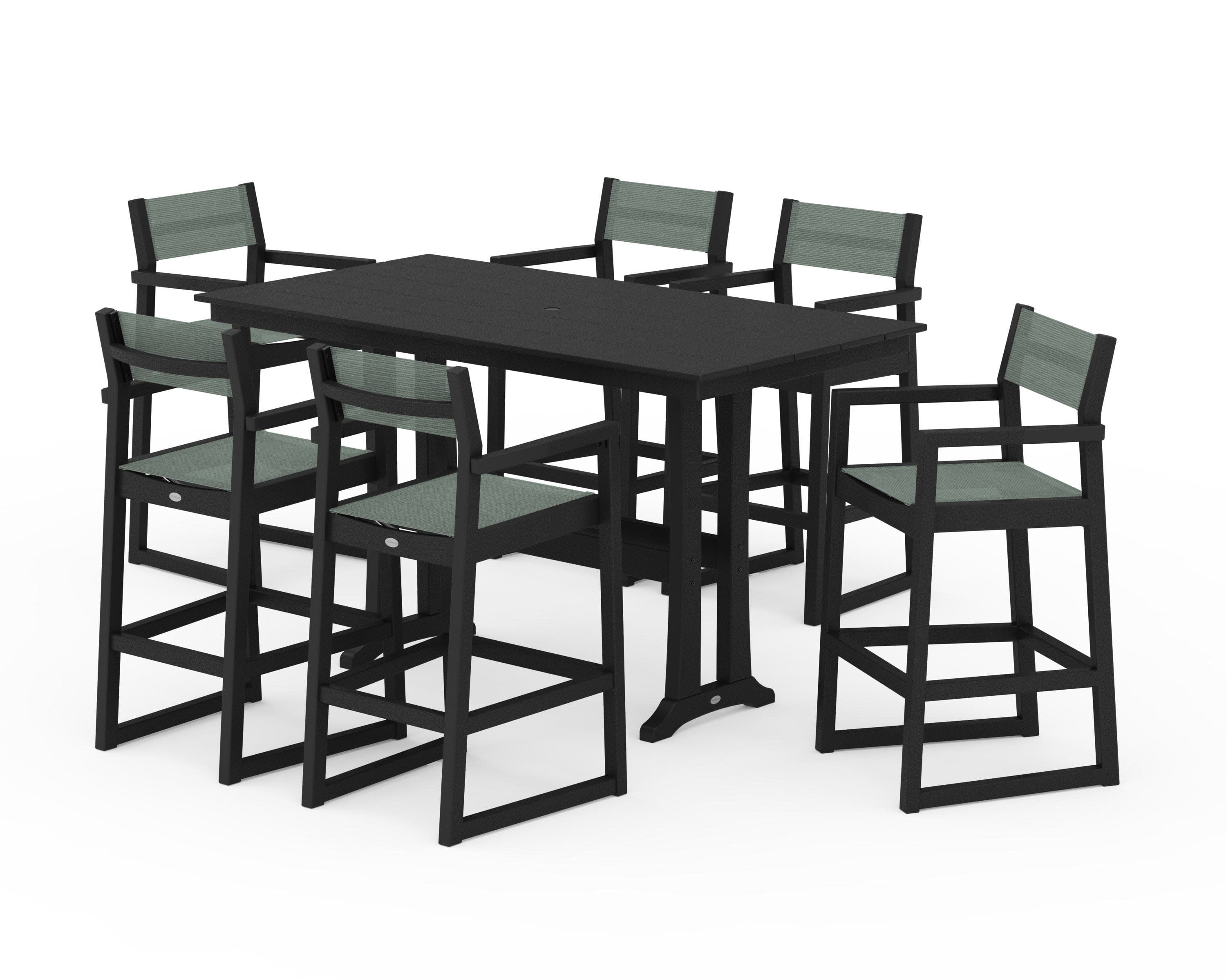 EDGE Sling Arm Chair 7-Piece Farmhouse Bar Set with Trestle Legs in Black / Dupioni Sea Mist Sling