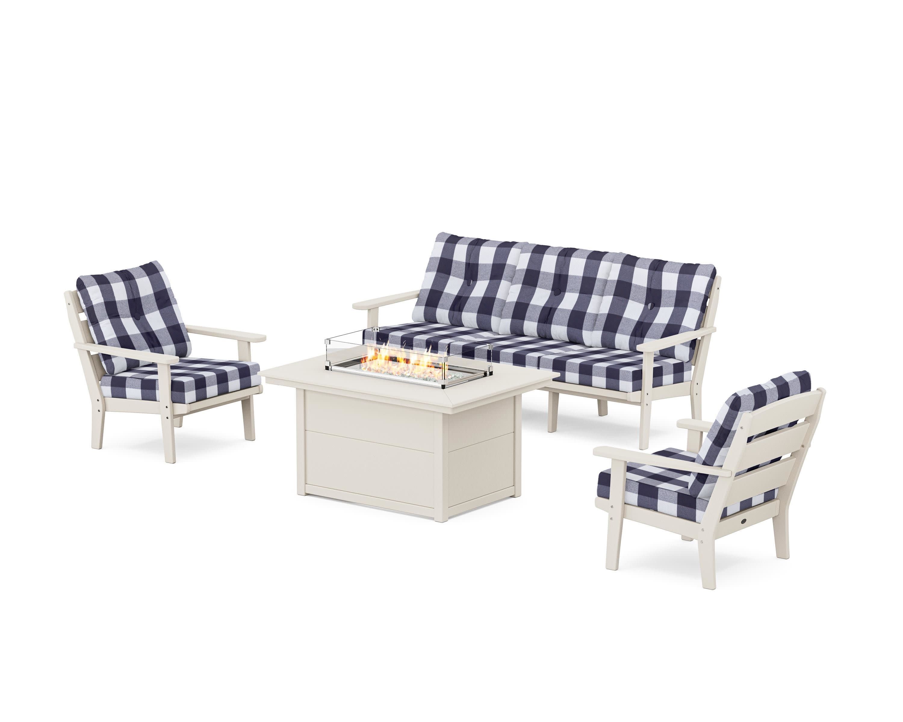 Lakeside Deep Seating Fire Pit Table Set in Sand / Buffalo Plaid Navy