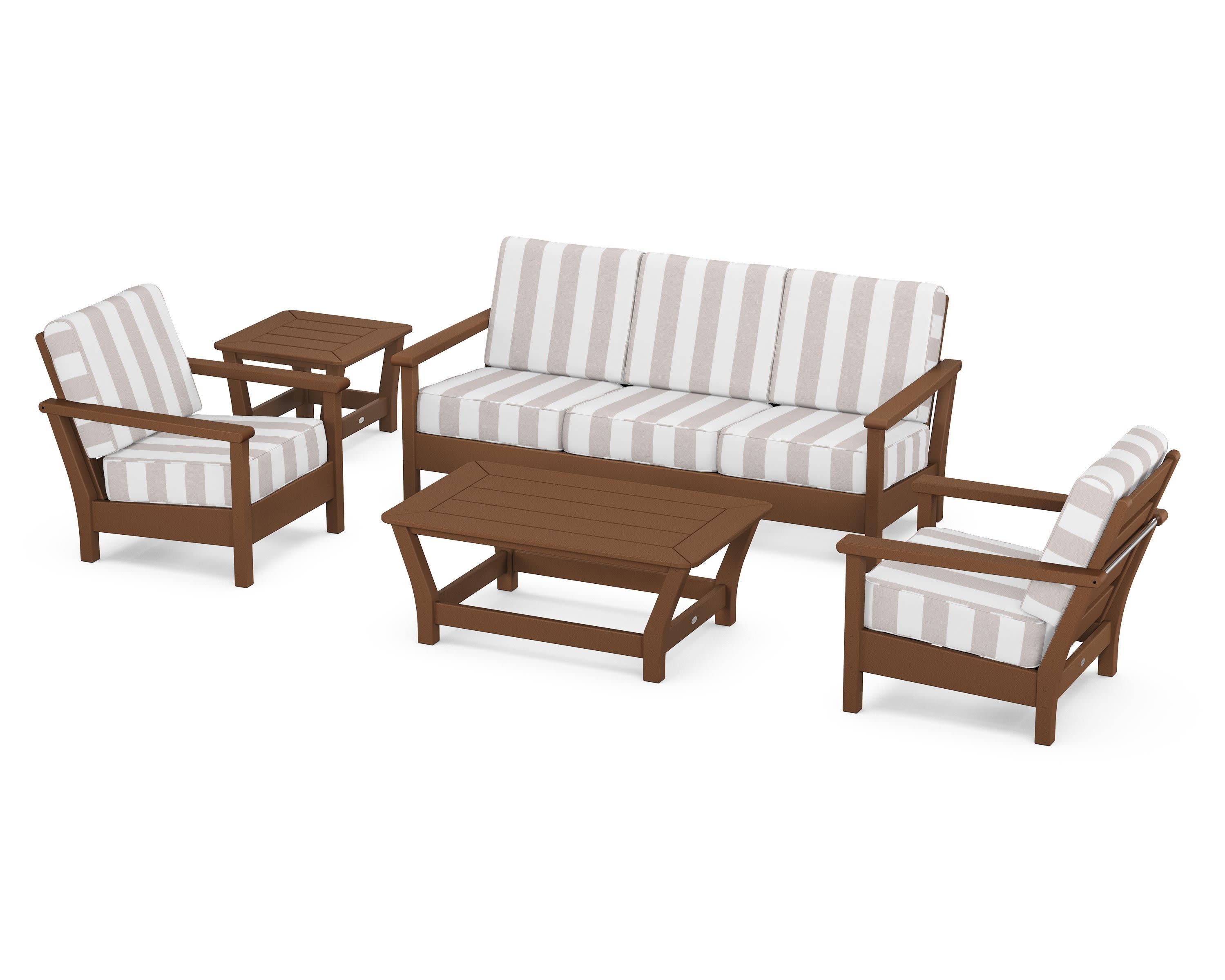 Harbour 5-Piece Deep Seating Set in Teak / Cabana Stripe Dune Burlap