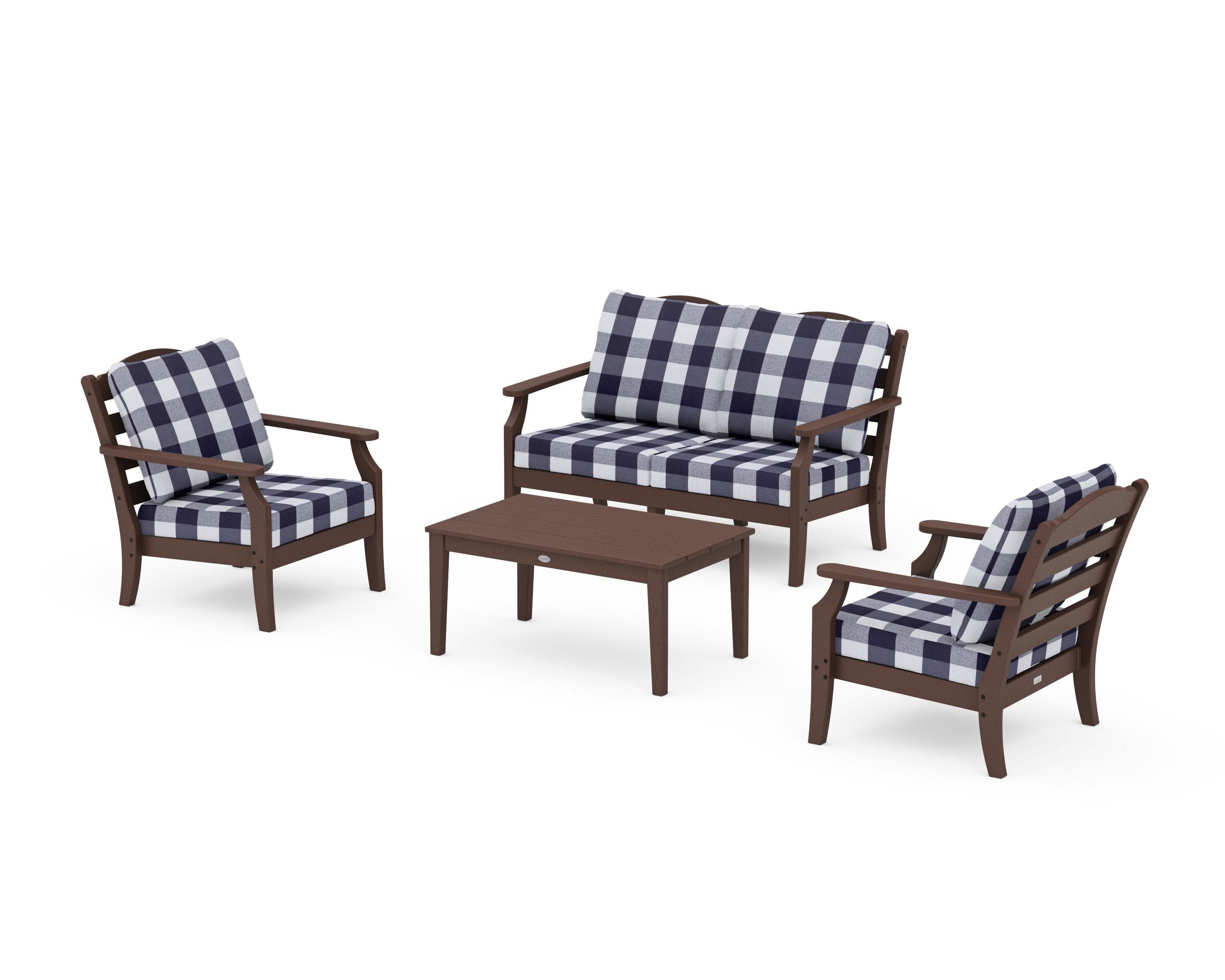 Savannah 4-Piece Deep Seating Set with Loveseat in Mahogany / Buffalo Plaid Navy