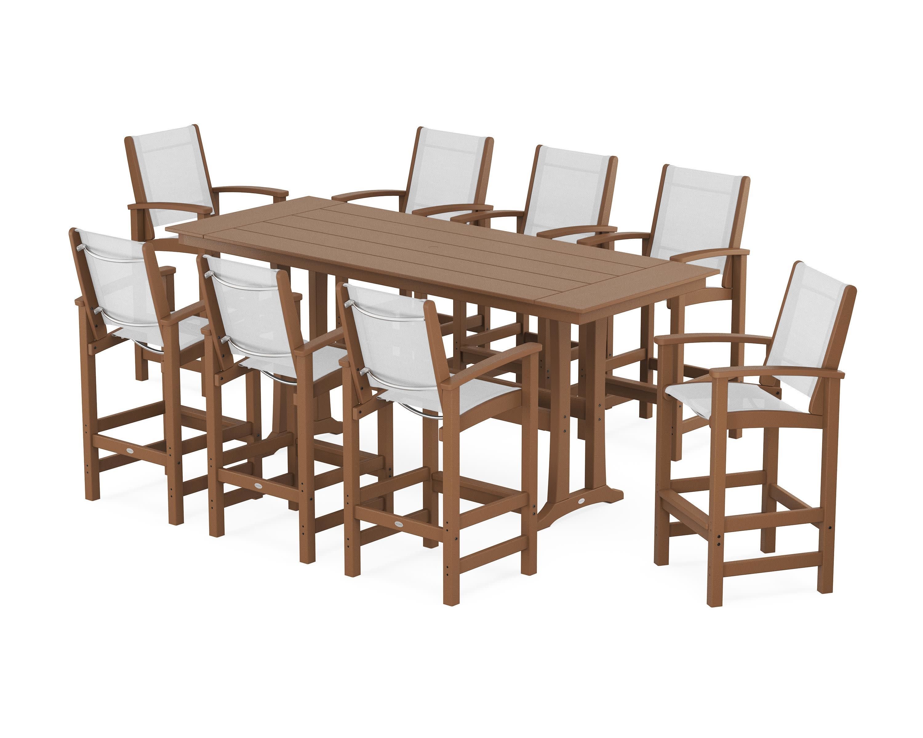 Coastal 9-Piece Farmhouse Bar Set with Trestle Legs in Teak / White Sling