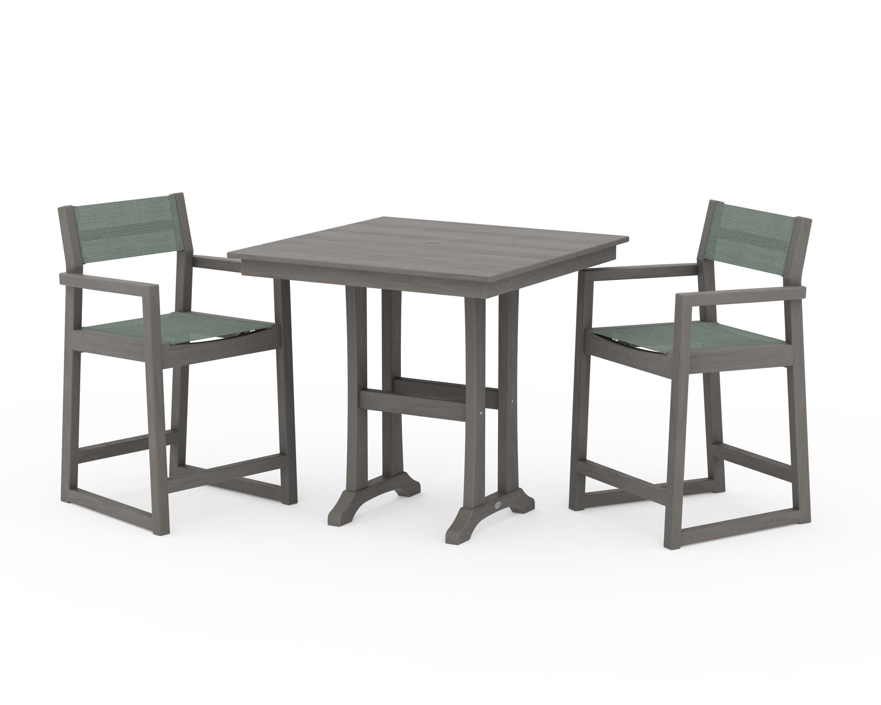 EDGE Sling Arm Chair 3-Piece Farmhouse Counter Set with Trestle Legs in Driftwood / Dupioni Sea Mist Sling