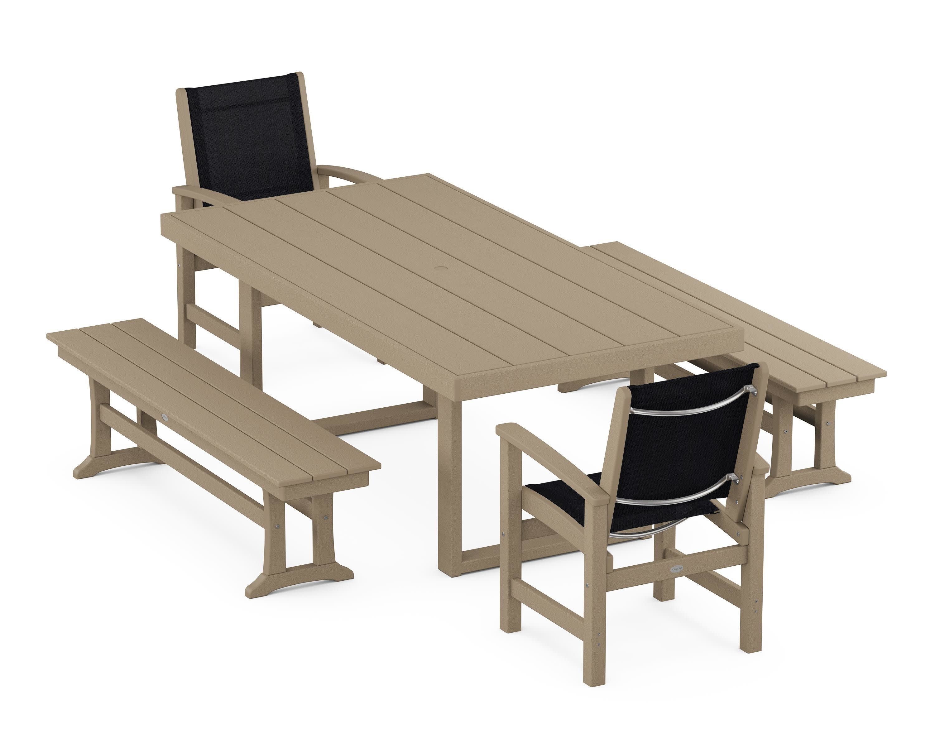 Coastal 5-Piece Dining Set with Trestle Legs in Vintage Sahara / Black Sling