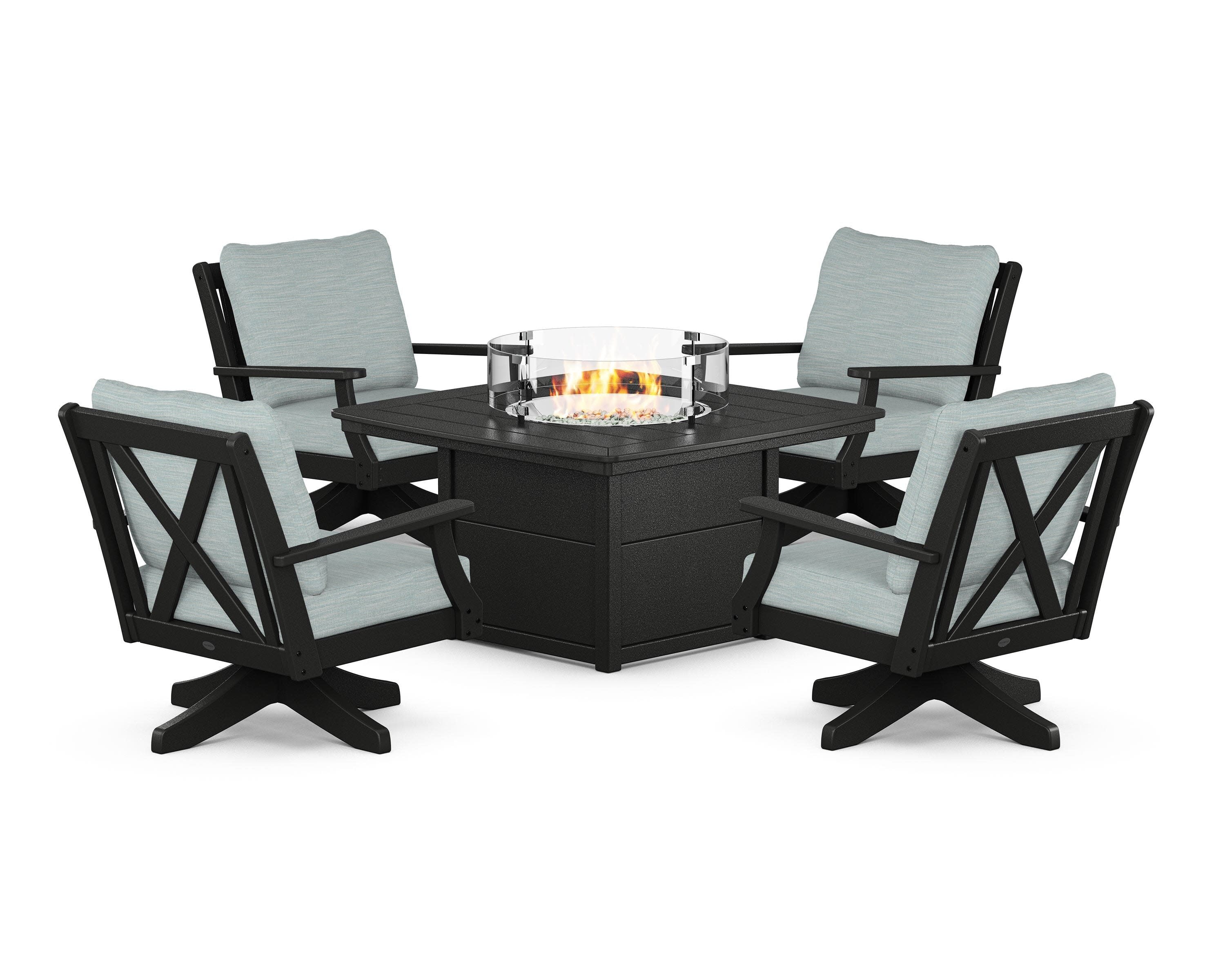 Braxton 5-Piece Deep Seating Swivel Conversation Set with Fire Pit Table in Black / Soothe Mist