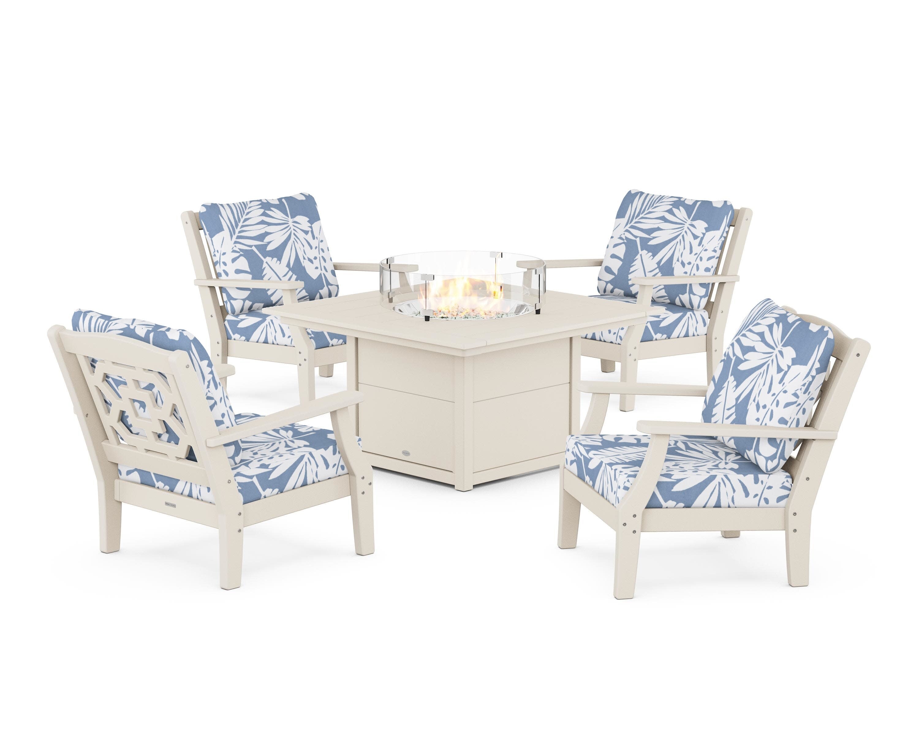 Chinoiserie 5-Piece Deep Seating Set with Fire Pit Table in Sand / Leaf Sky Blue