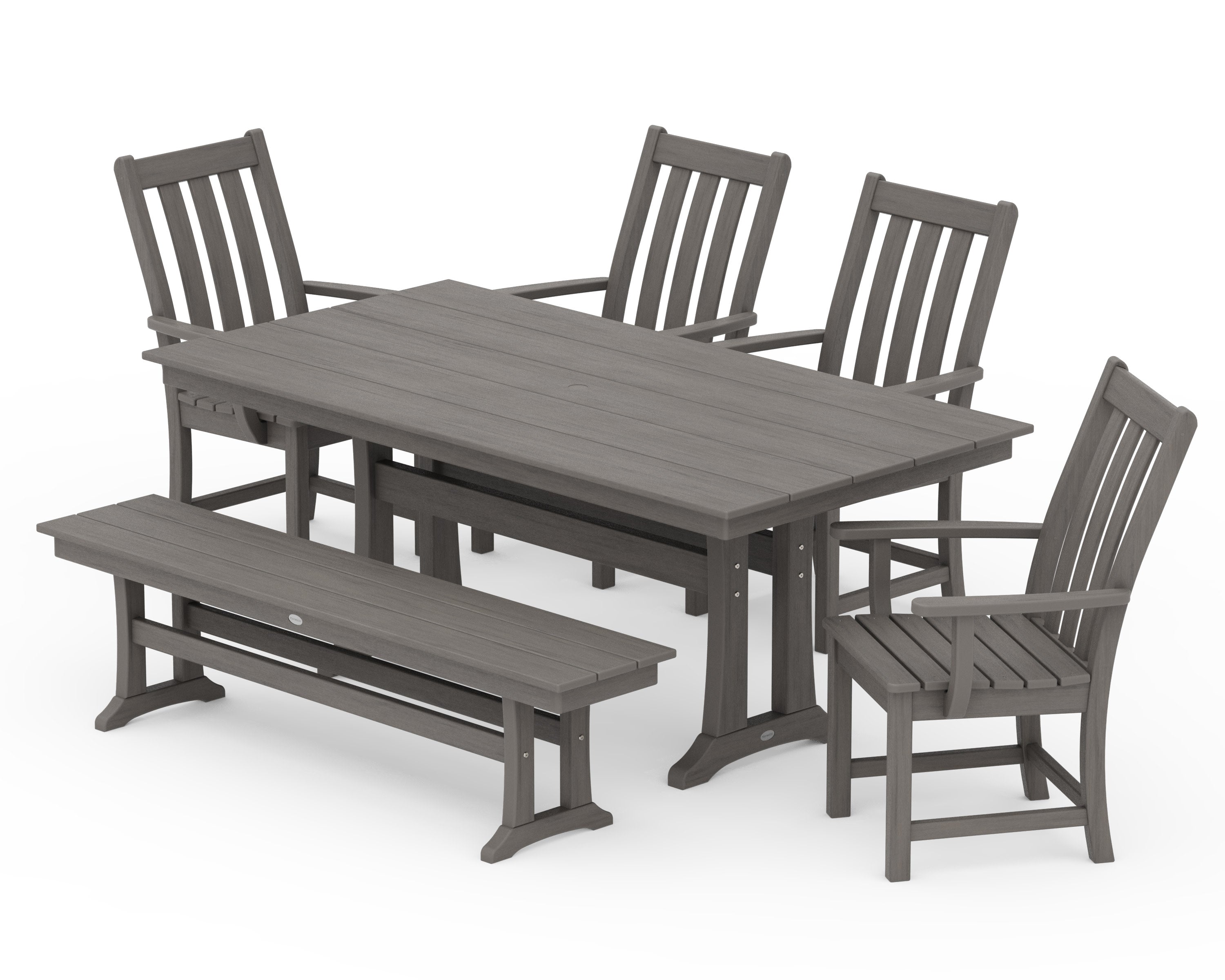 Vineyard 6-Piece Arm Chair Farmhouse Dining Set with Trestle Legs and Bench in Driftwood