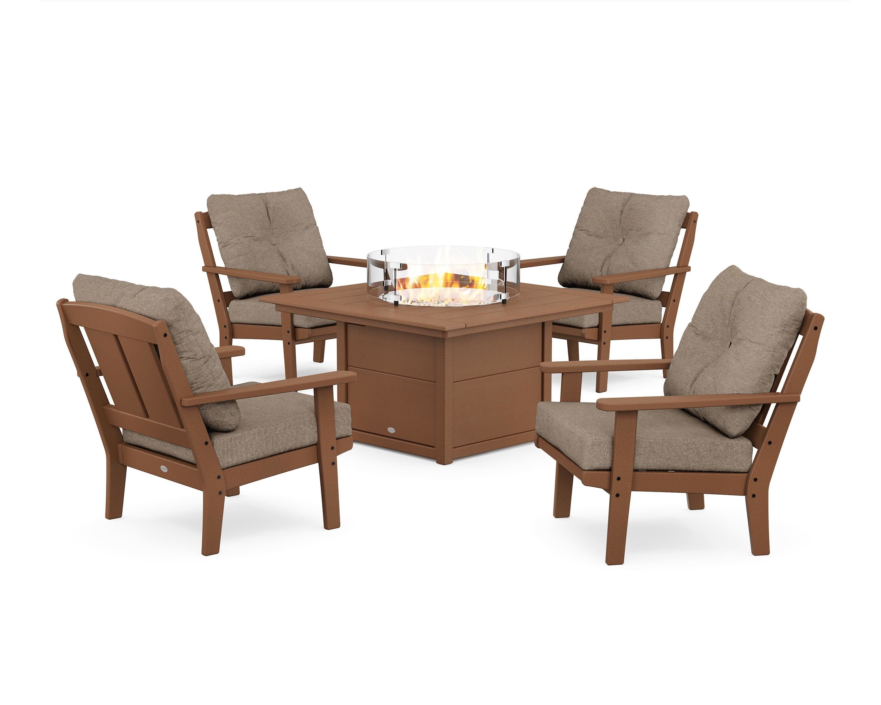 Mission 5-Piece Deep Seating Set with Fire Pit Table in Teak / Spiced Burlap