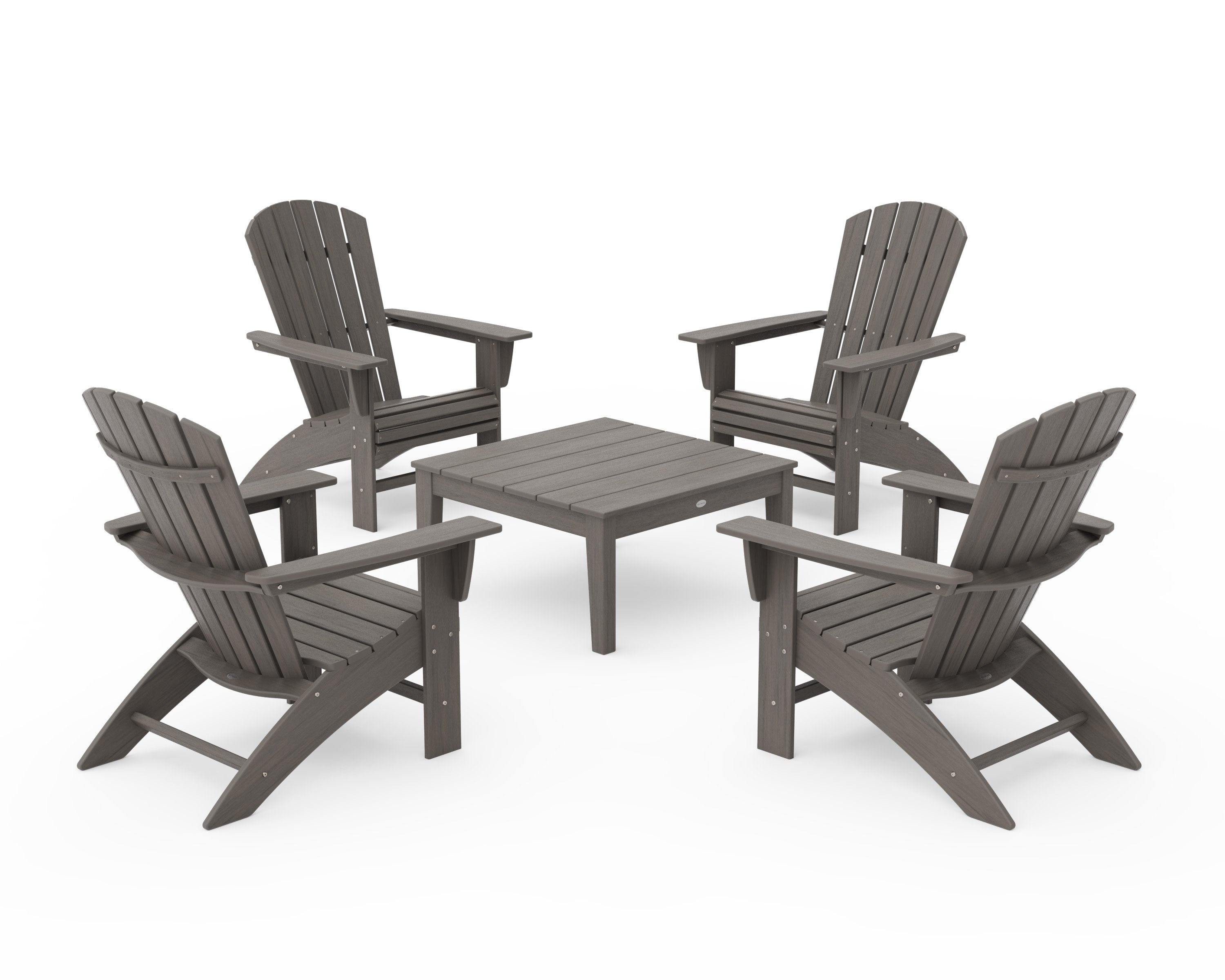 5-Piece Nautical Curveback Adirondack Chair Conversation Set with 36" Conversation Table in Driftwood