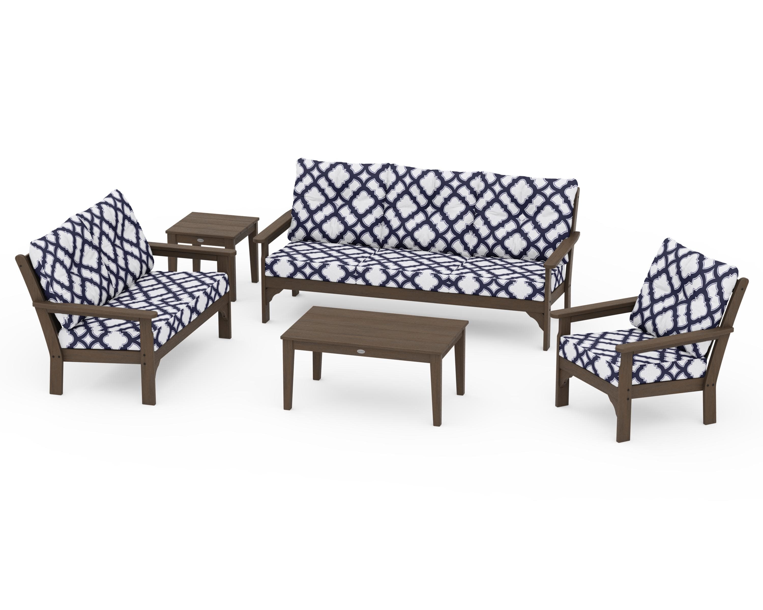 Vineyard 5 Piece Deep Seating Set in Kona / Trellis Navy