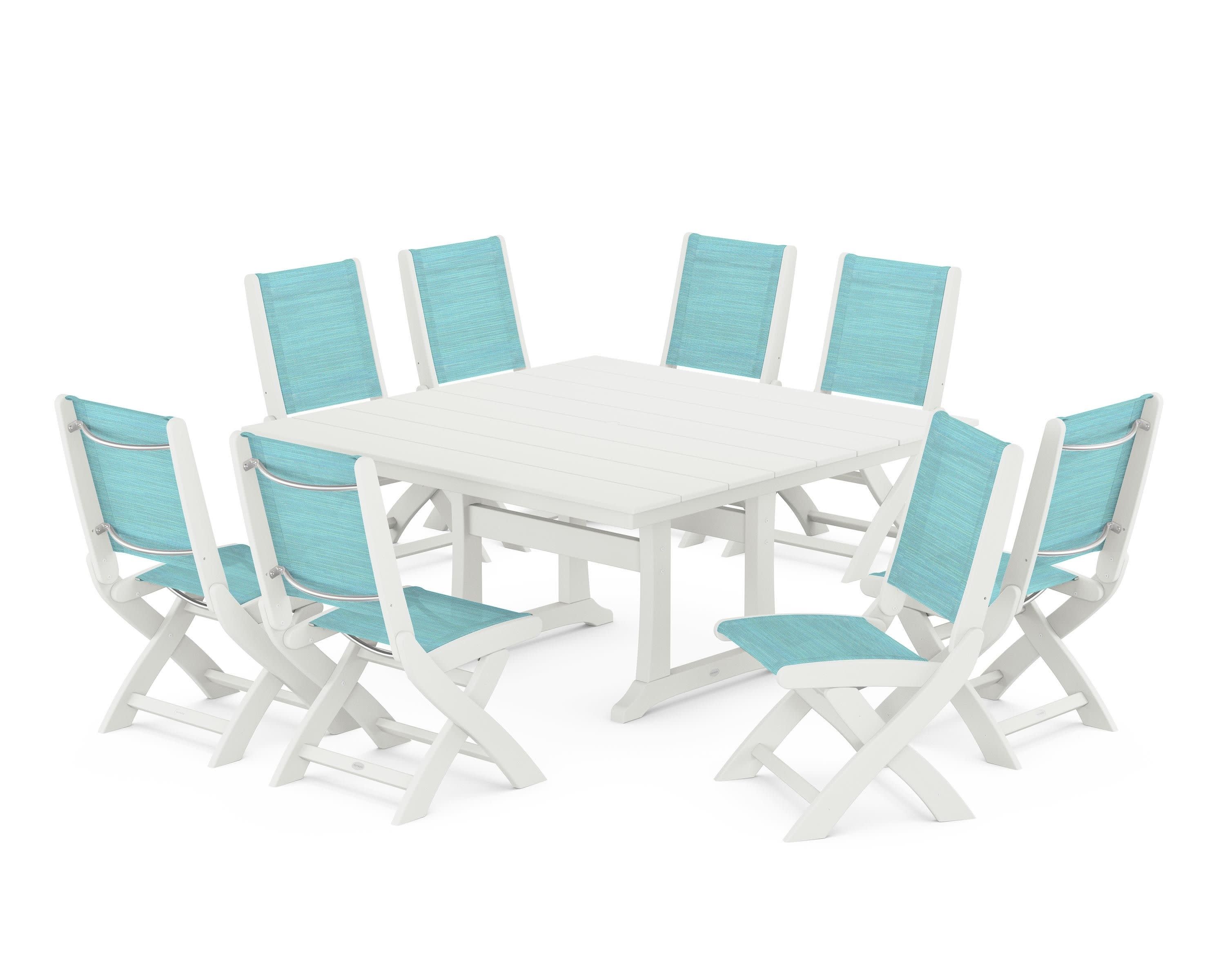 Coastal Folding Side Chair 9-Piece Farmhouse Dining Set in Vintage White / Dupioni Aquamarine Sling