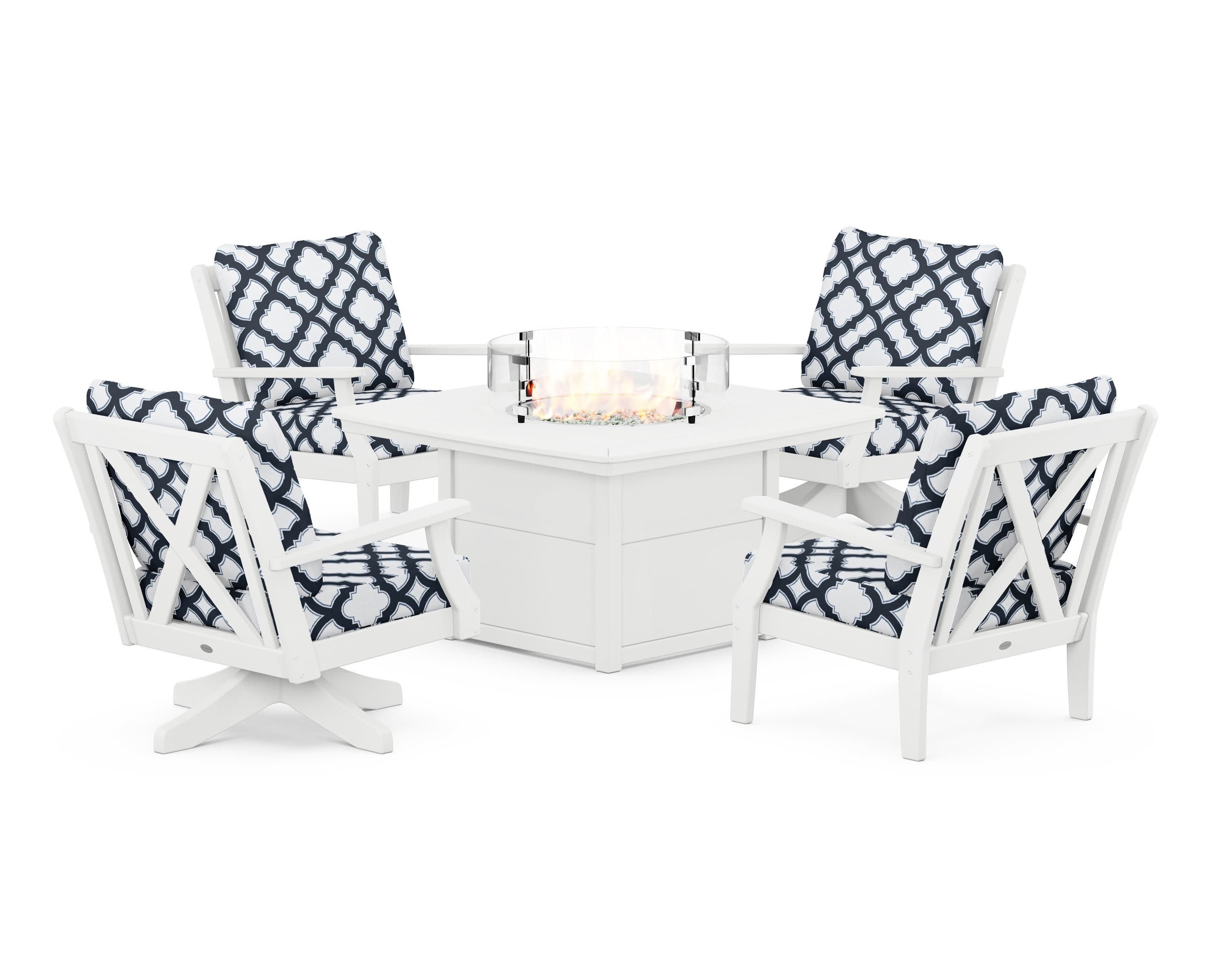 Braxton 5-Piece Deep Seating Set with Fire Table in White / Trellis Marine Indigo