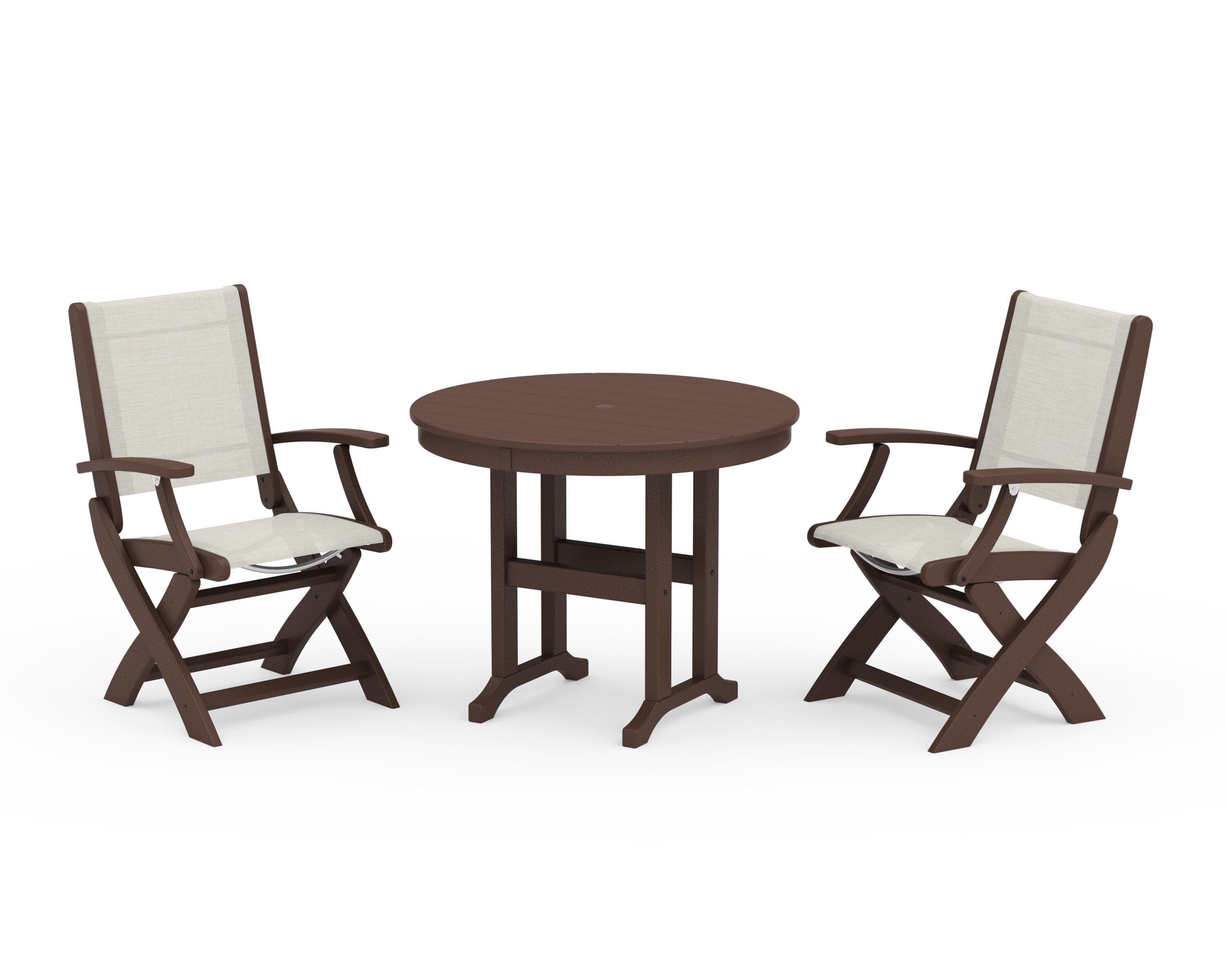 Coastal Folding Chair 3-Piece Round Dining Set in Mahogany / Parchment Sling