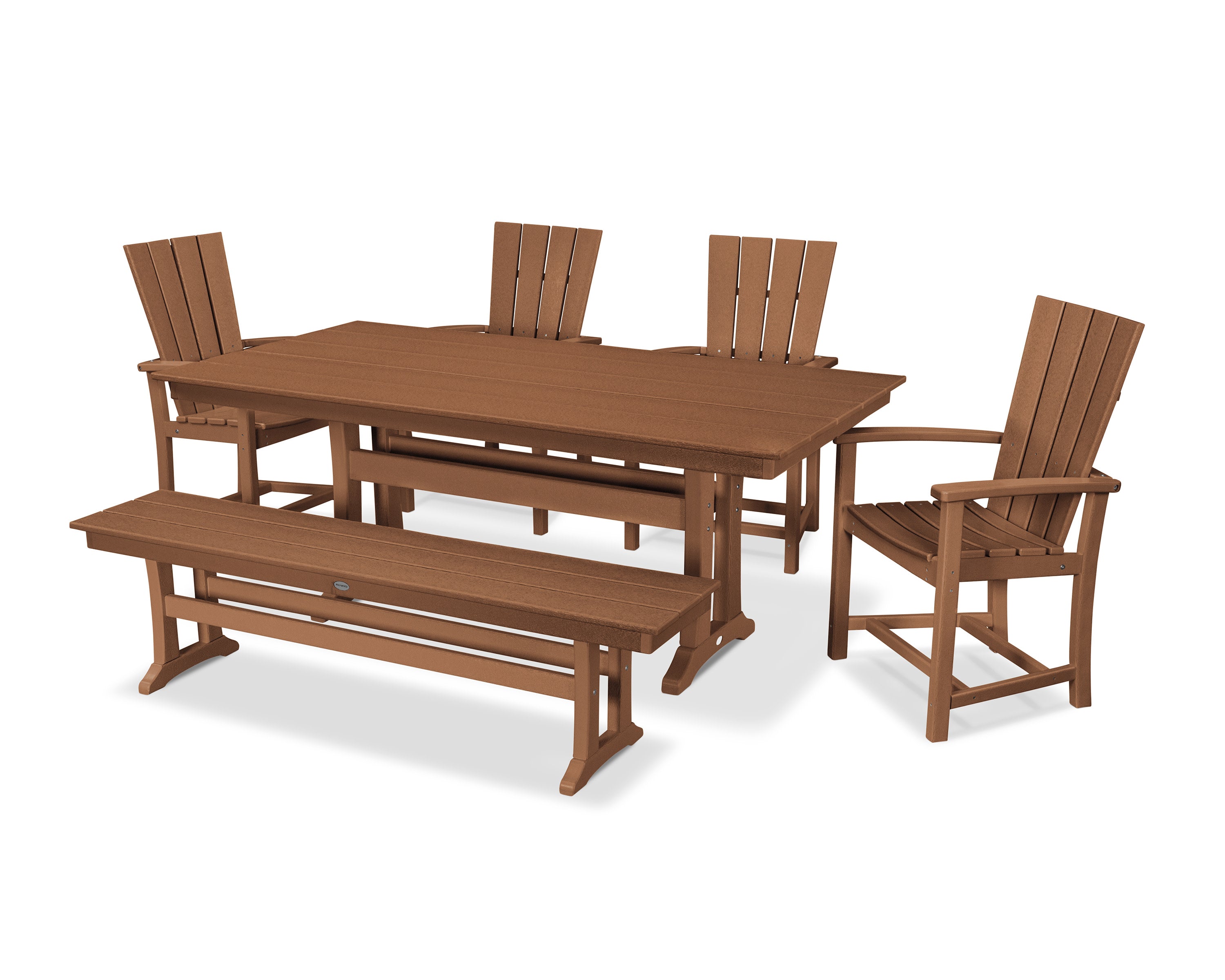 Quattro 6-Piece Farmhouse Dining Set with Trestle Legs and Bench in Teak