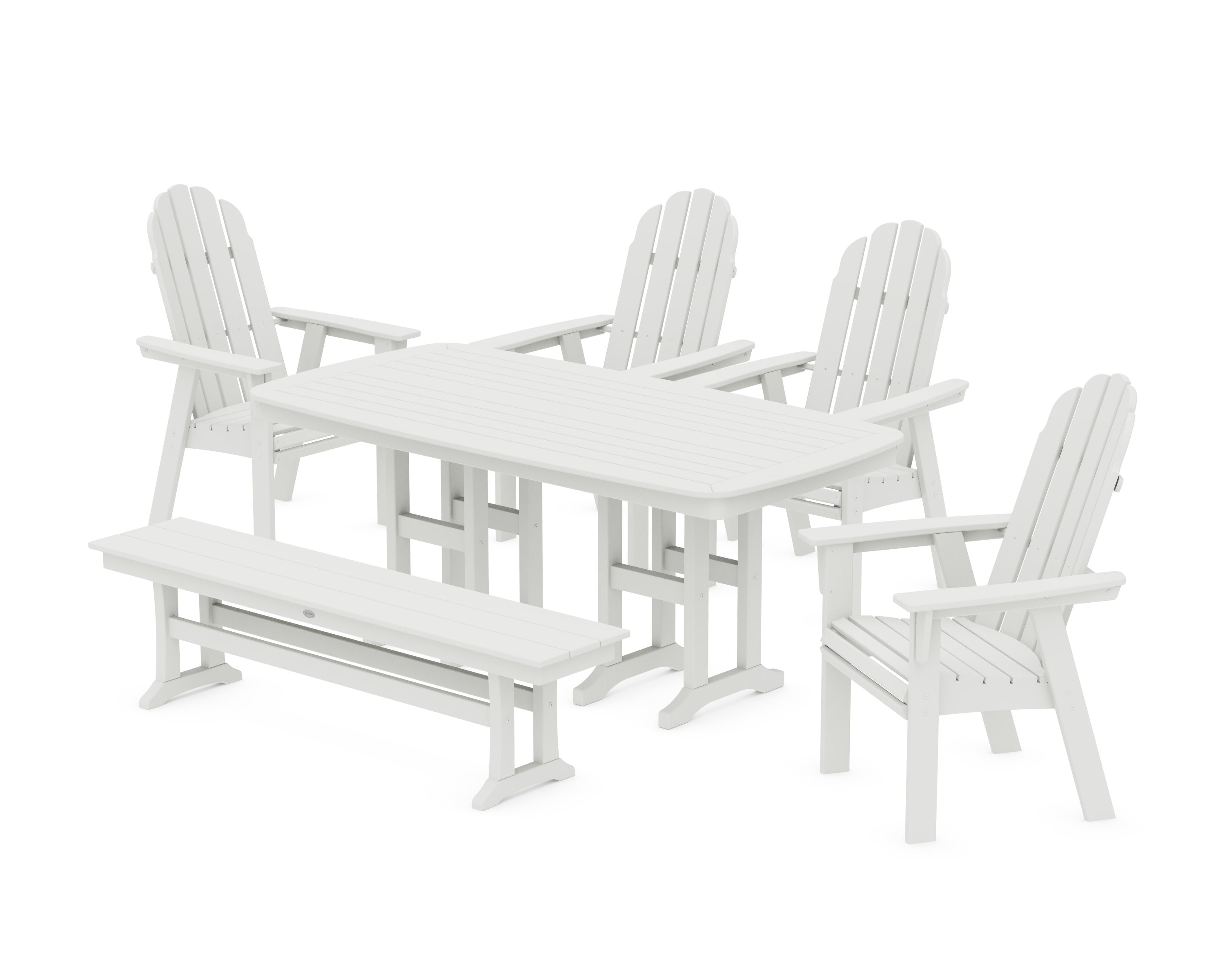 Vineyard Curveback Adirondack Chair 6-Piece Dining Set with Bench in Vintage White