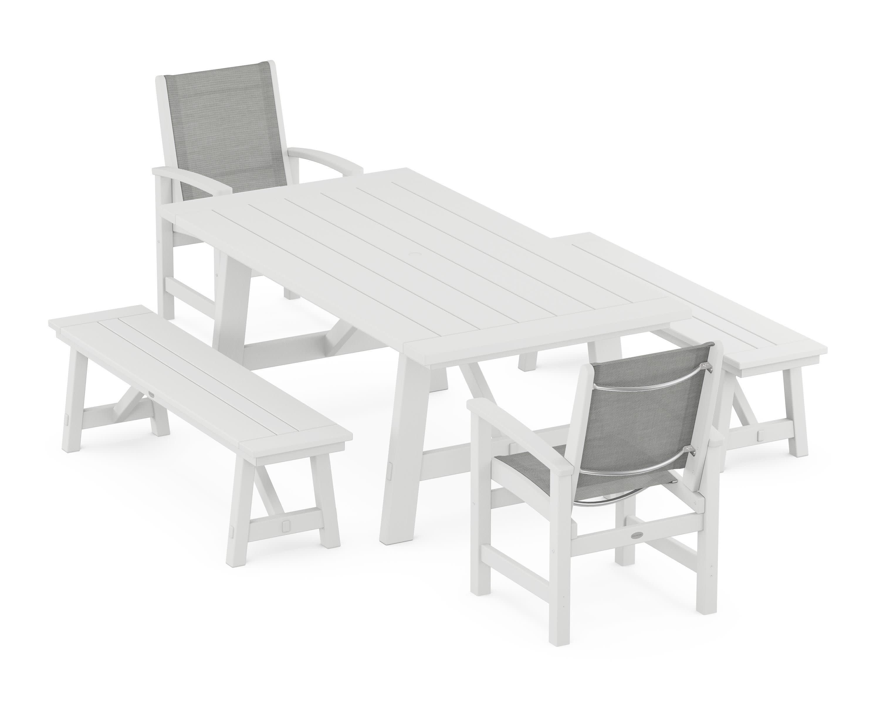 Coastal 5-Piece Rustic Farmhouse Dining Set With Benches in White / Metallic Sling