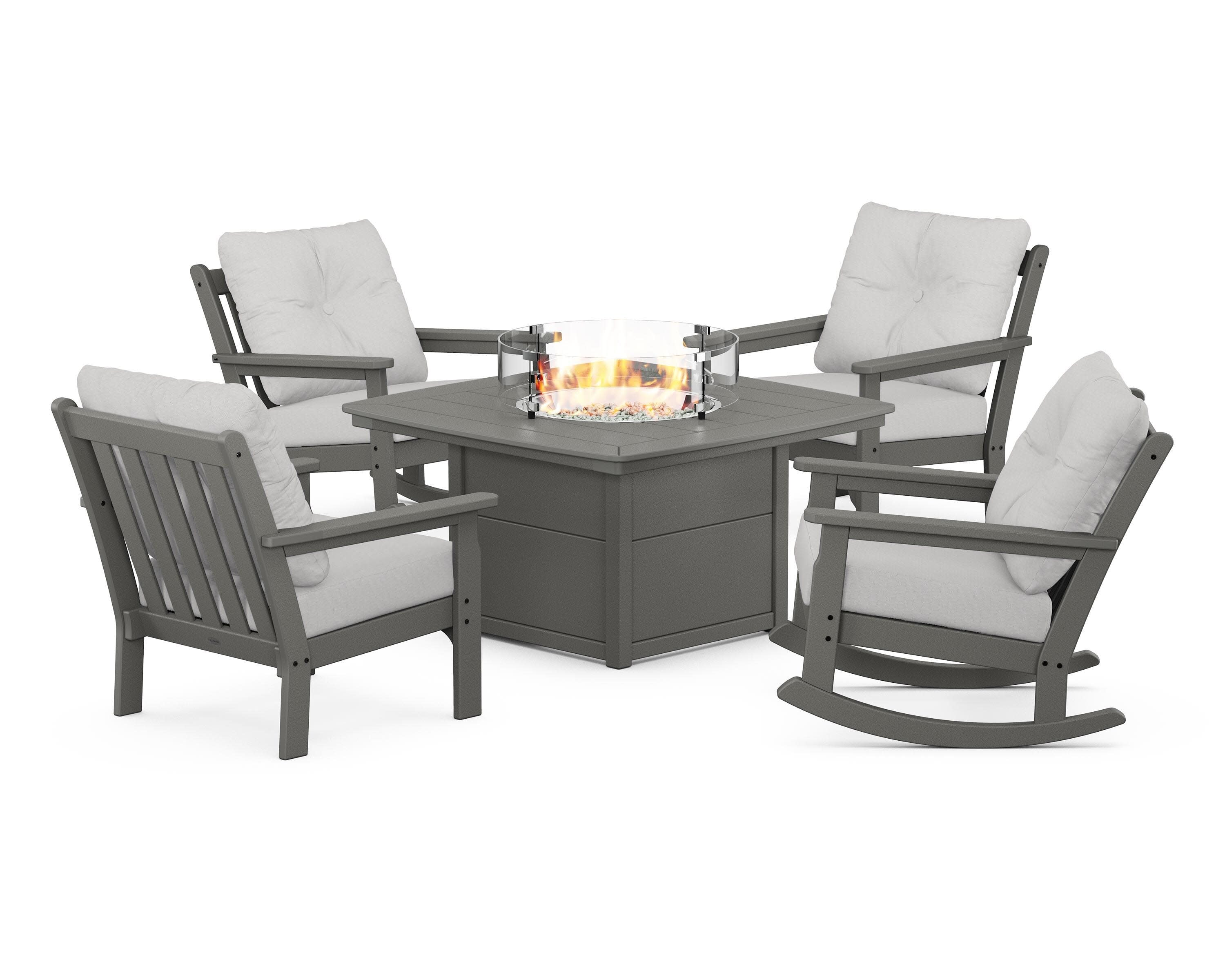 Vineyard 5-Piece Deep Seating Rocking Chair Conversation Set with Fire Pit Table in Slate Grey / Diamond in the Rough