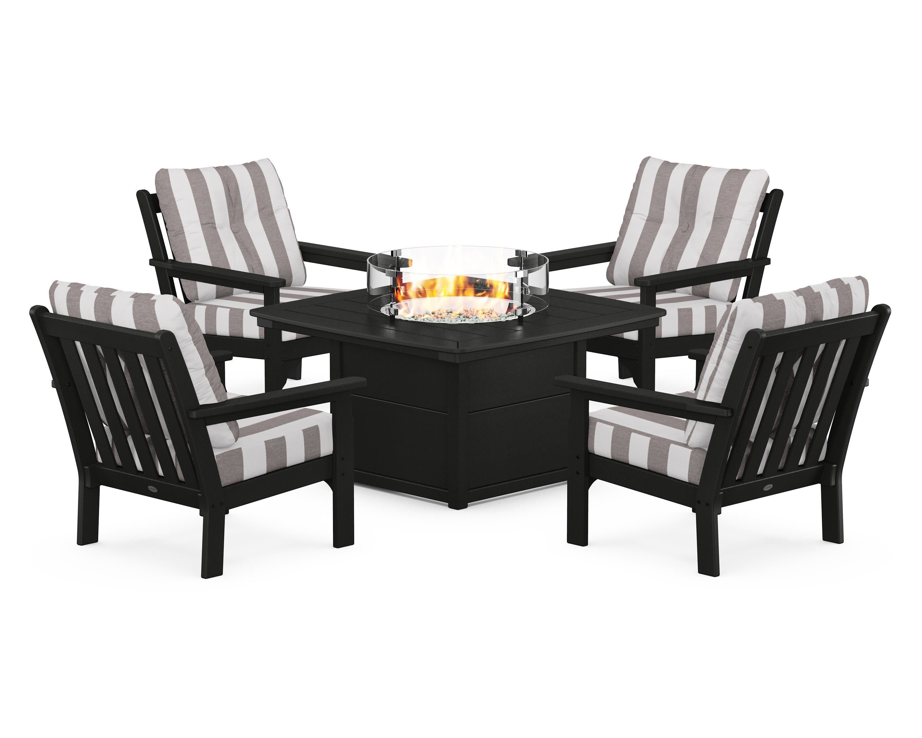 Vineyard 5-Piece Conversation Set with Fire Pit Table in Black / Cabana Stripe Grey Mist