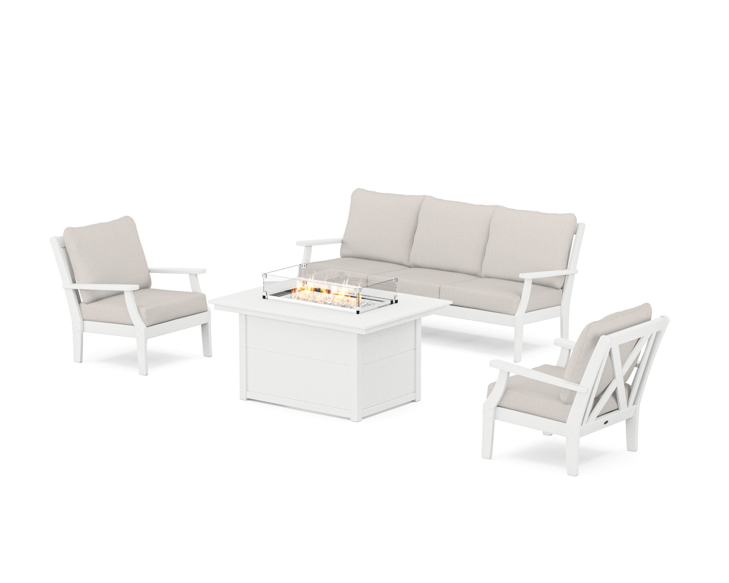 Braxton Deep Seating Fire Pit Table Set in White / Cast Ash