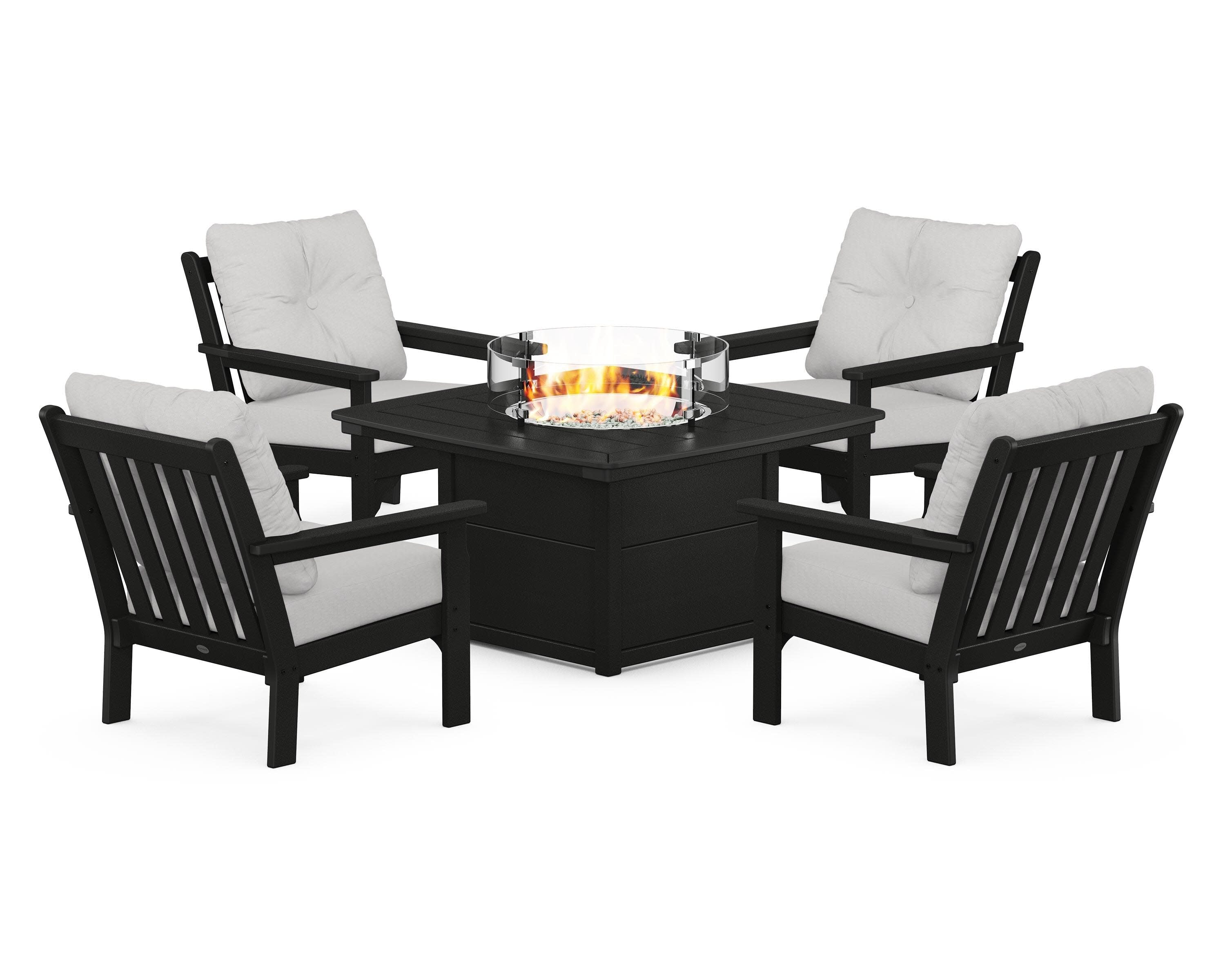Vineyard 5-Piece Conversation Set with Fire Pit Table in Black / Diamond in the Rough