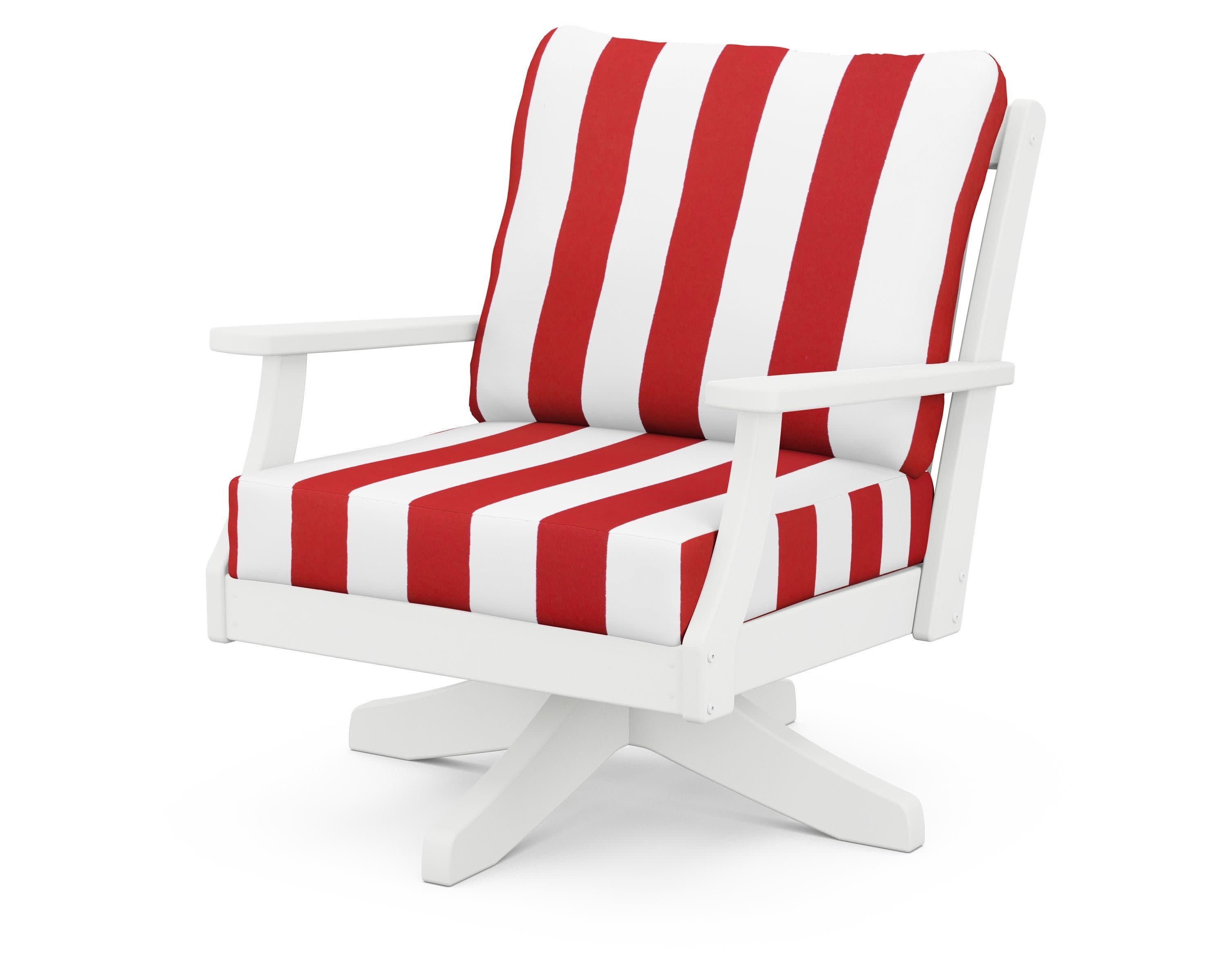 Braxton Deep Seating Swivel Chair in White / Cabana Stripe Crimson