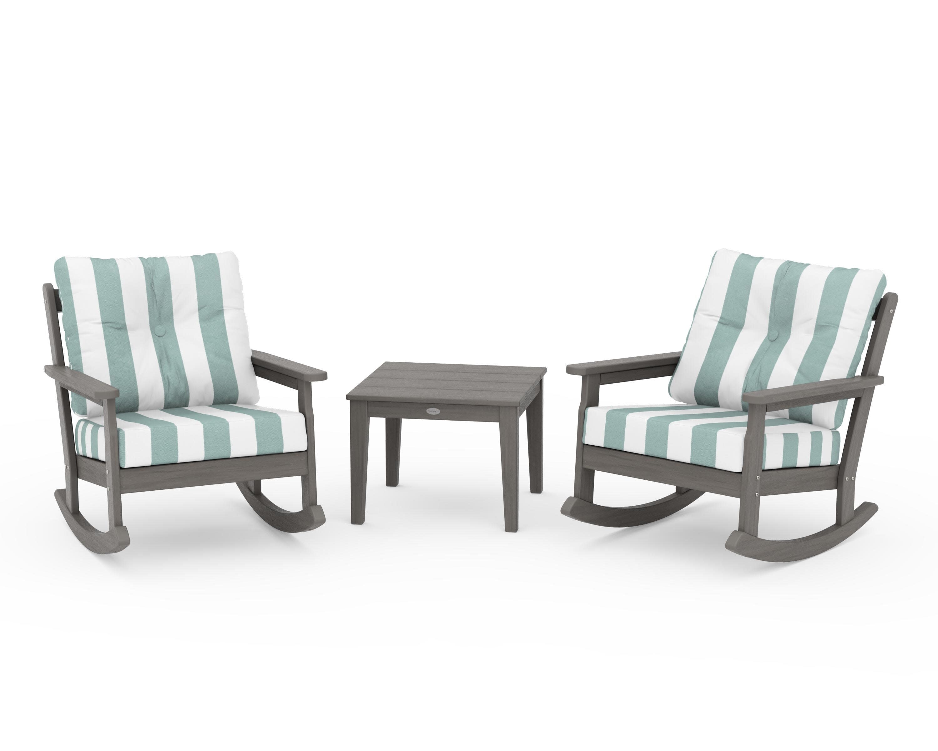 Vineyard 3-Piece Deep Seating Rocker Set in Driftwood / Cabana Stripe Glacier Spa