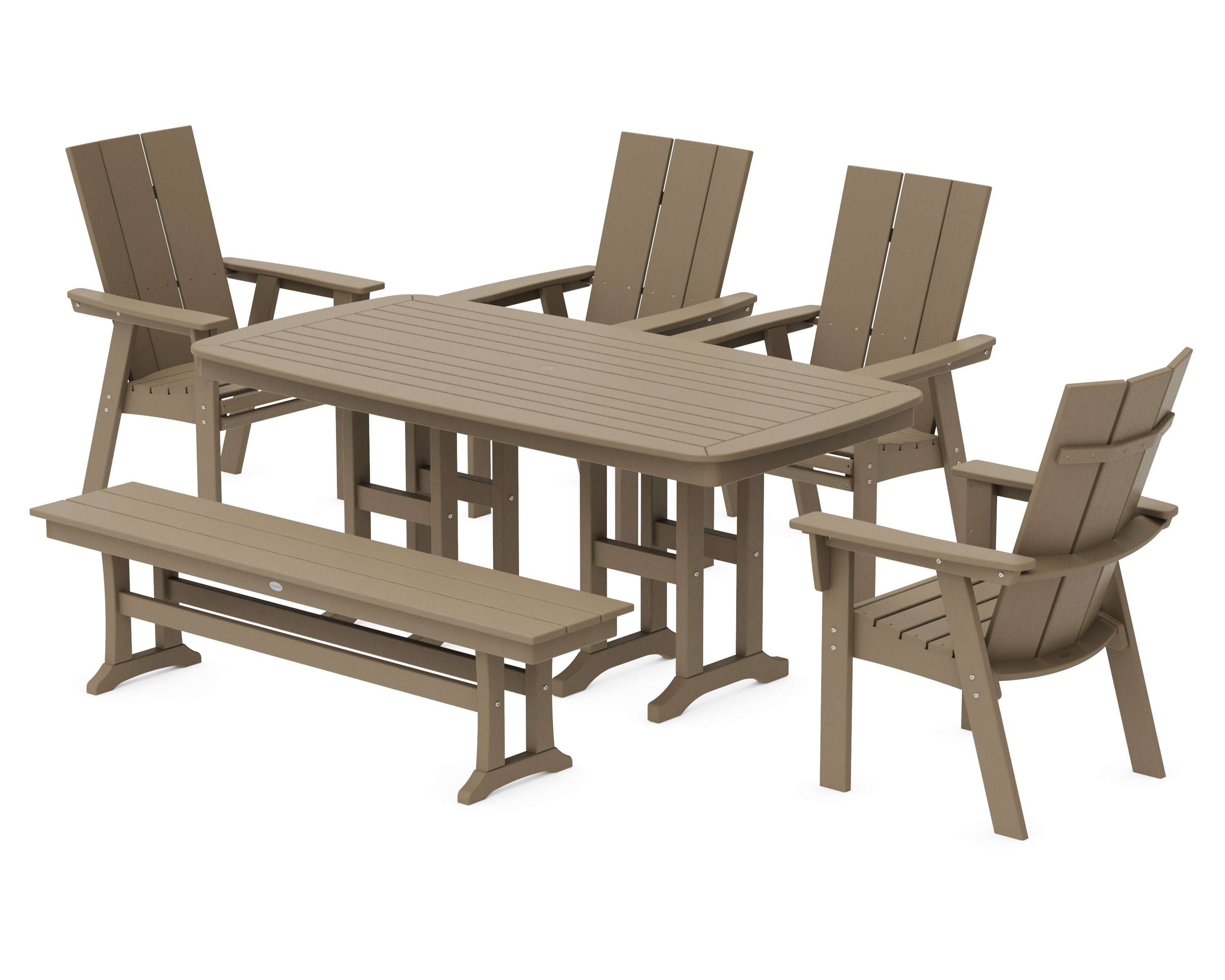 Modern Curveback Adirondack 6-Piece Dining Set with Bench in Vintage Sahara