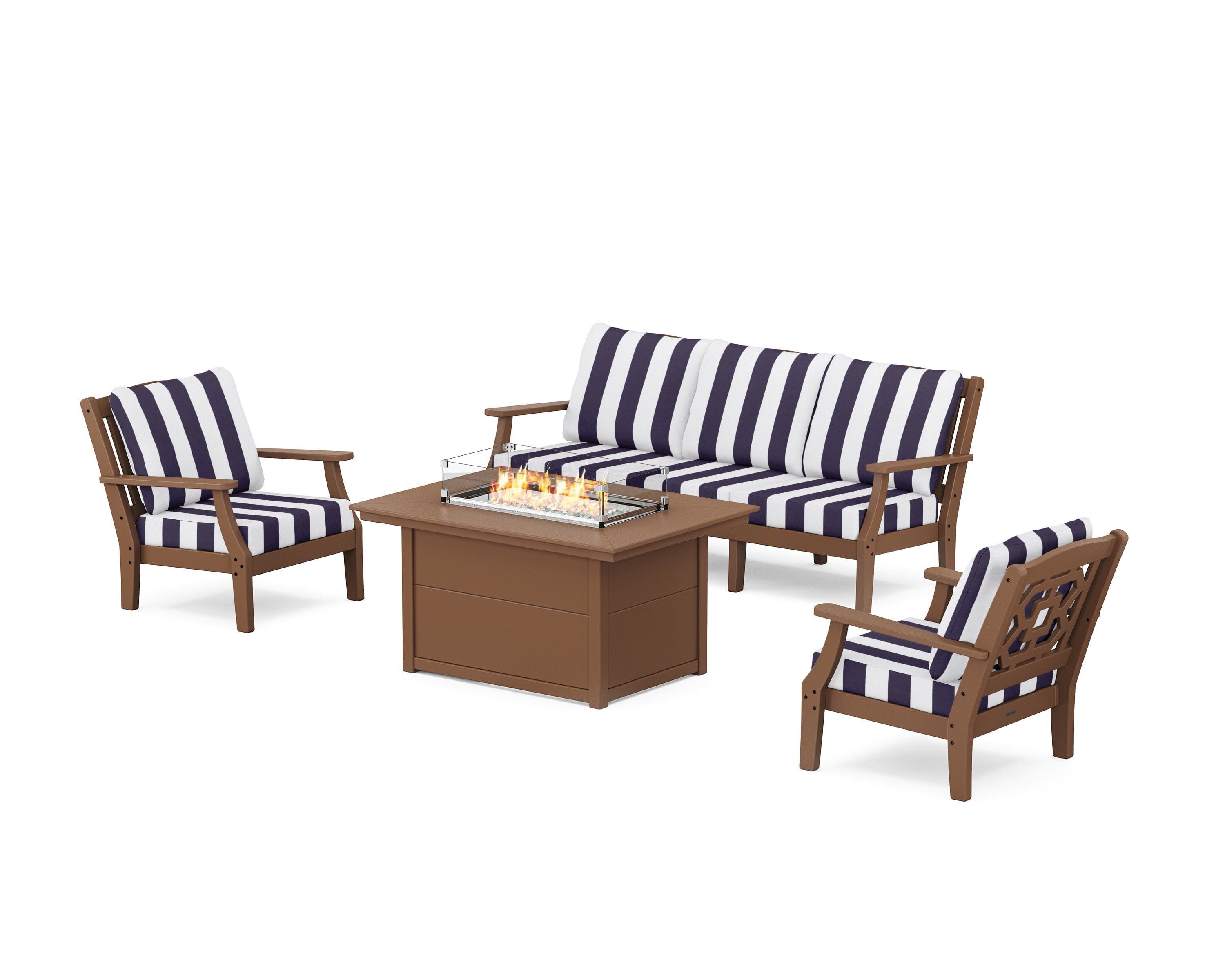 Chinoiserie Deep Seating Fire Pit Table Set in Teak / Cabana Stripe Navy