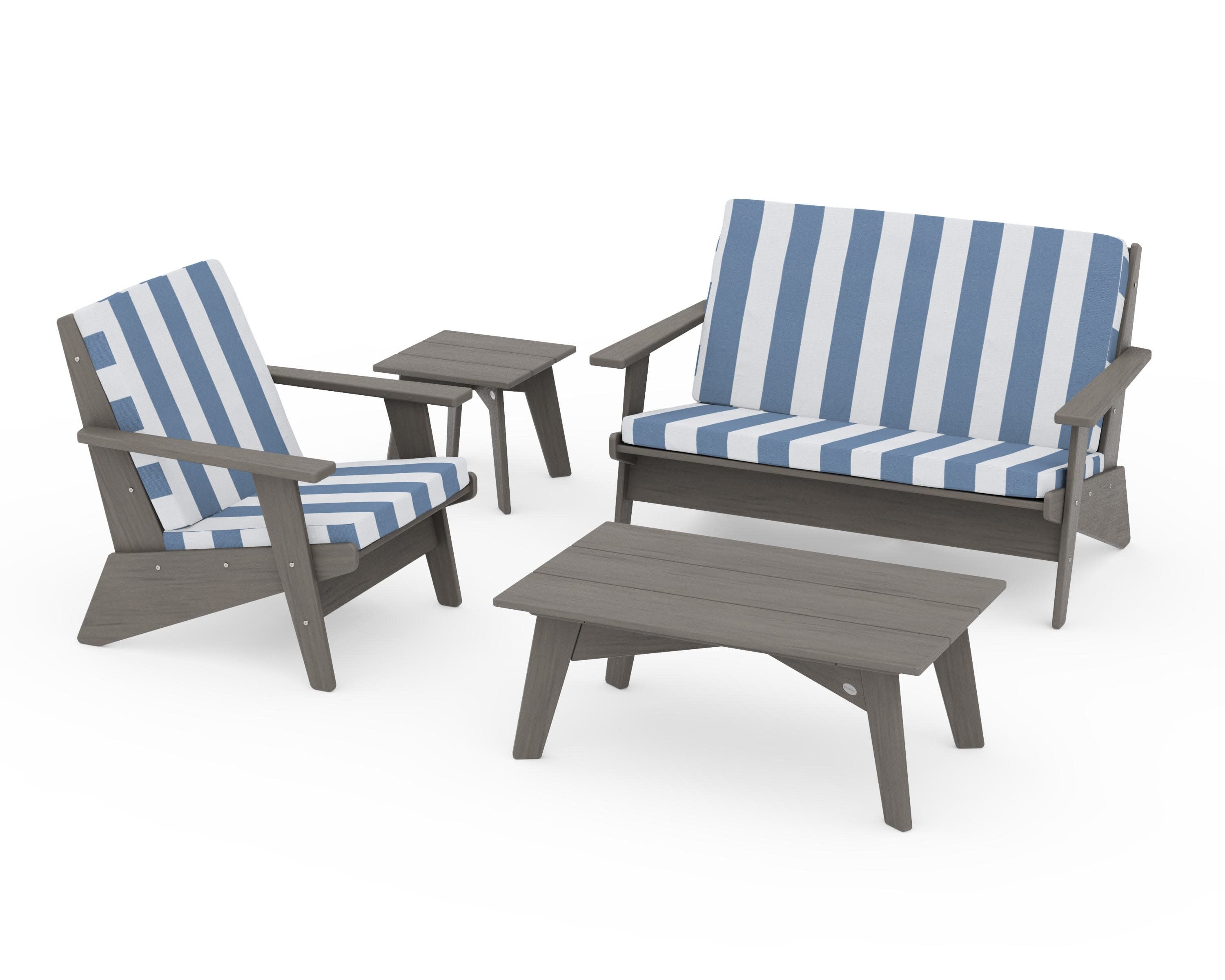 Riviera Modern Lounge 4-Piece Set in Driftwood / Cabana Stripe Sky Blue