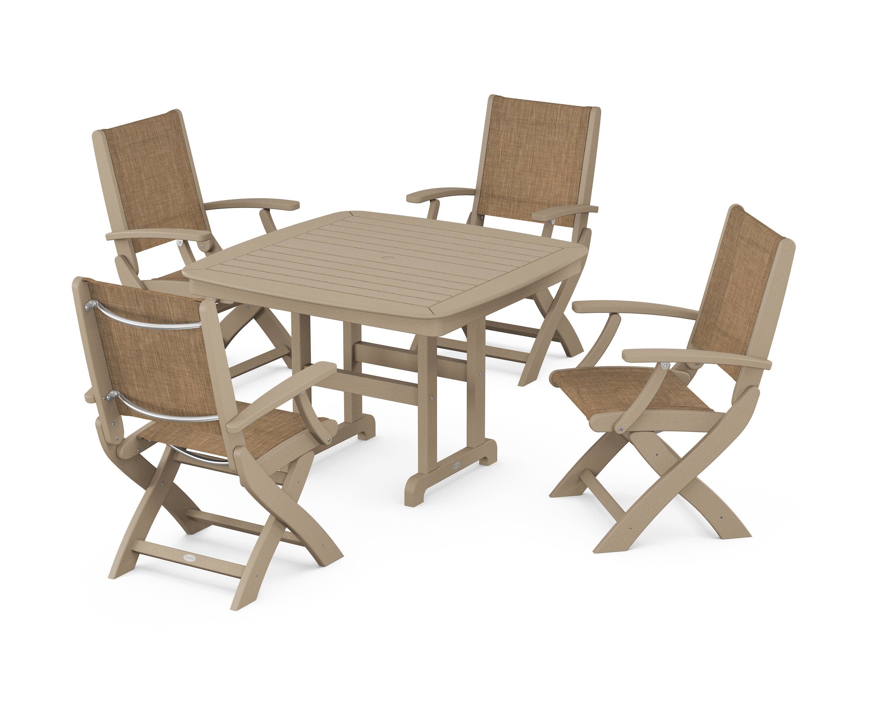 Coastal Folding Chair 5-Piece Dining Set in Vintage Sahara / Burlap Sling