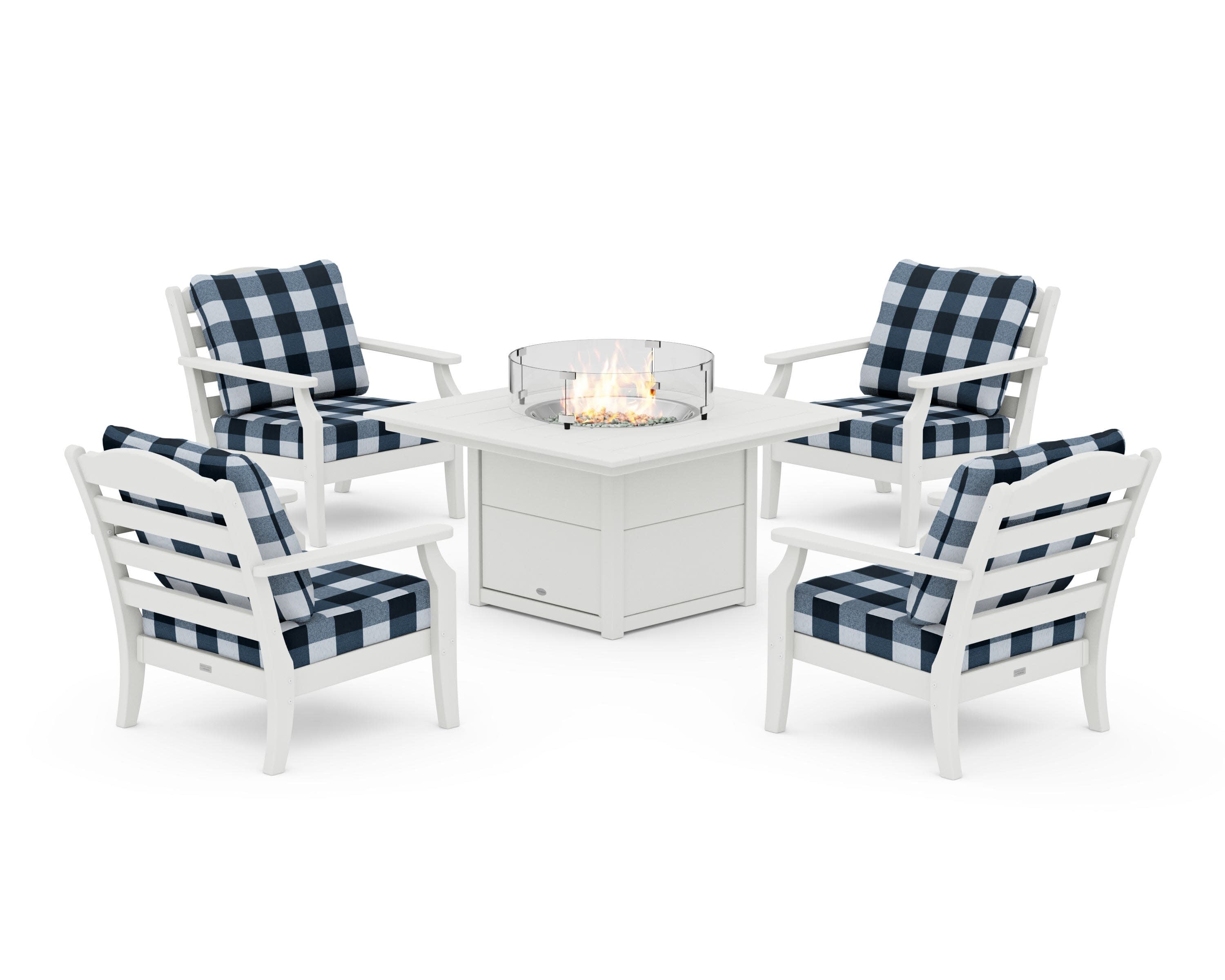Savannah 5-Piece Deep Seating Set with Fire Pit Table in Vintage White / Buffalo Plaid Marine Indigo