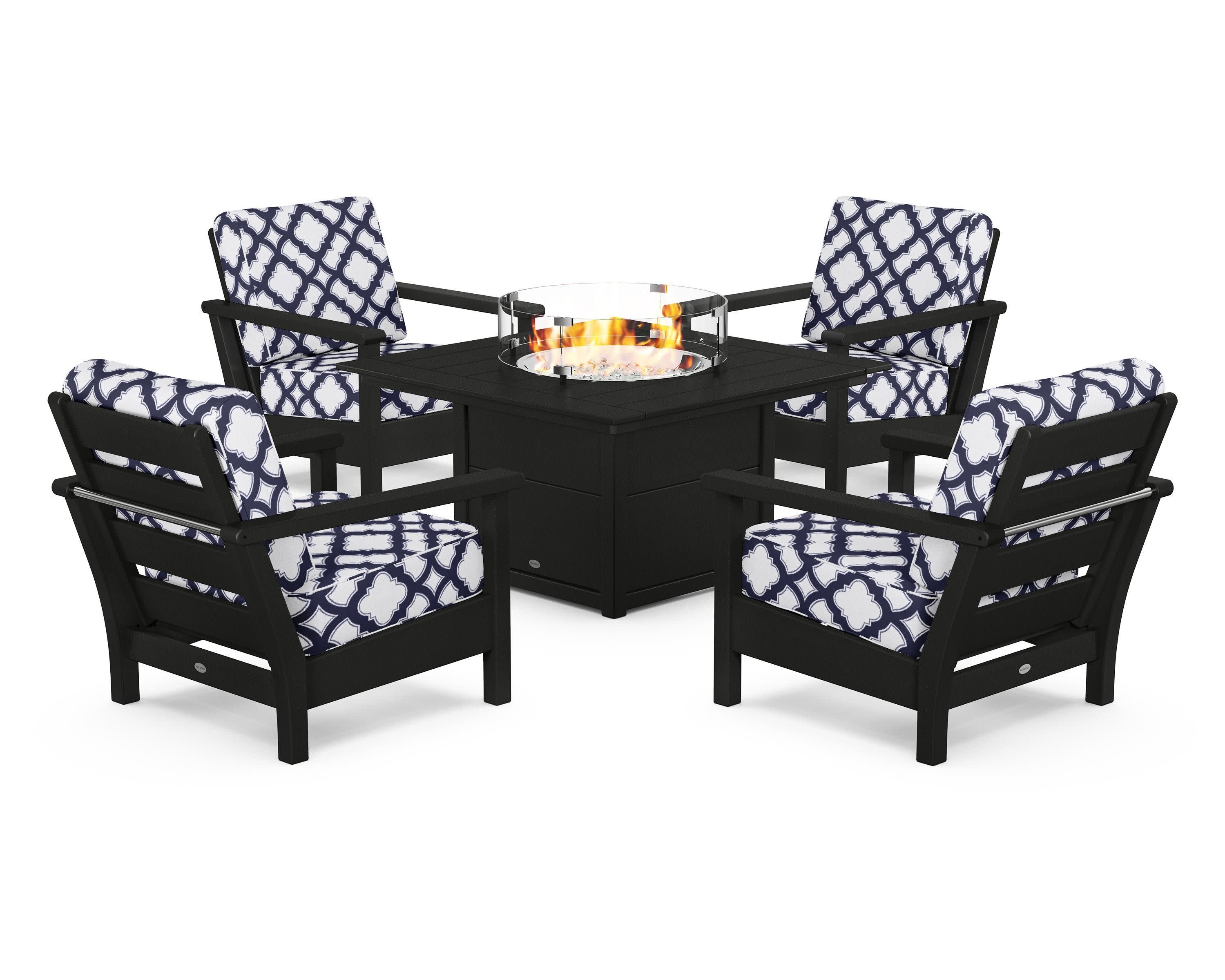 Harbour 5-Piece Conversation Set with Fire Pit Table in Black / Trellis Navy