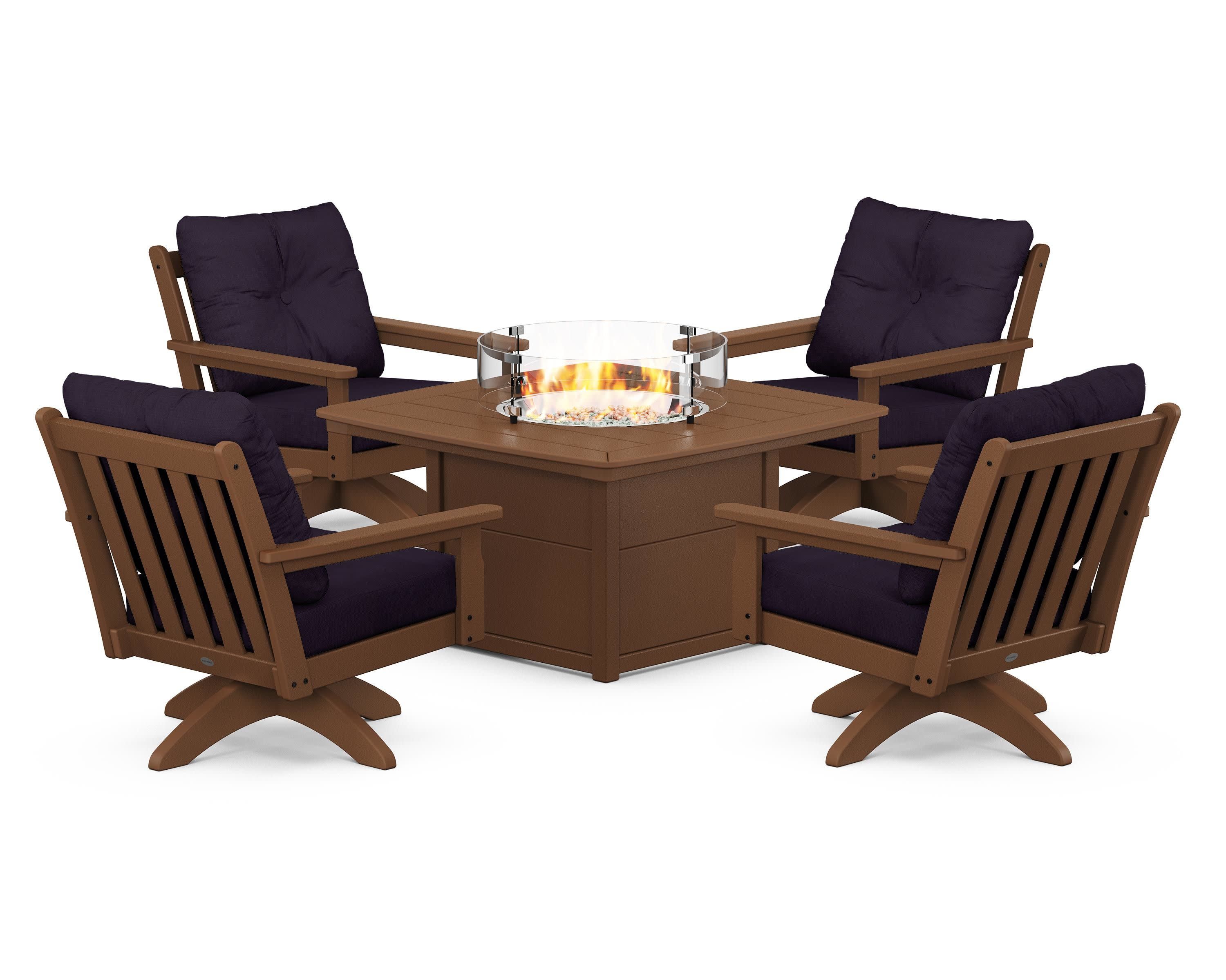 Vineyard 5-Piece Deep Seating Swivel Conversation Set with Fire Pit Table in Teak / Navy Linen