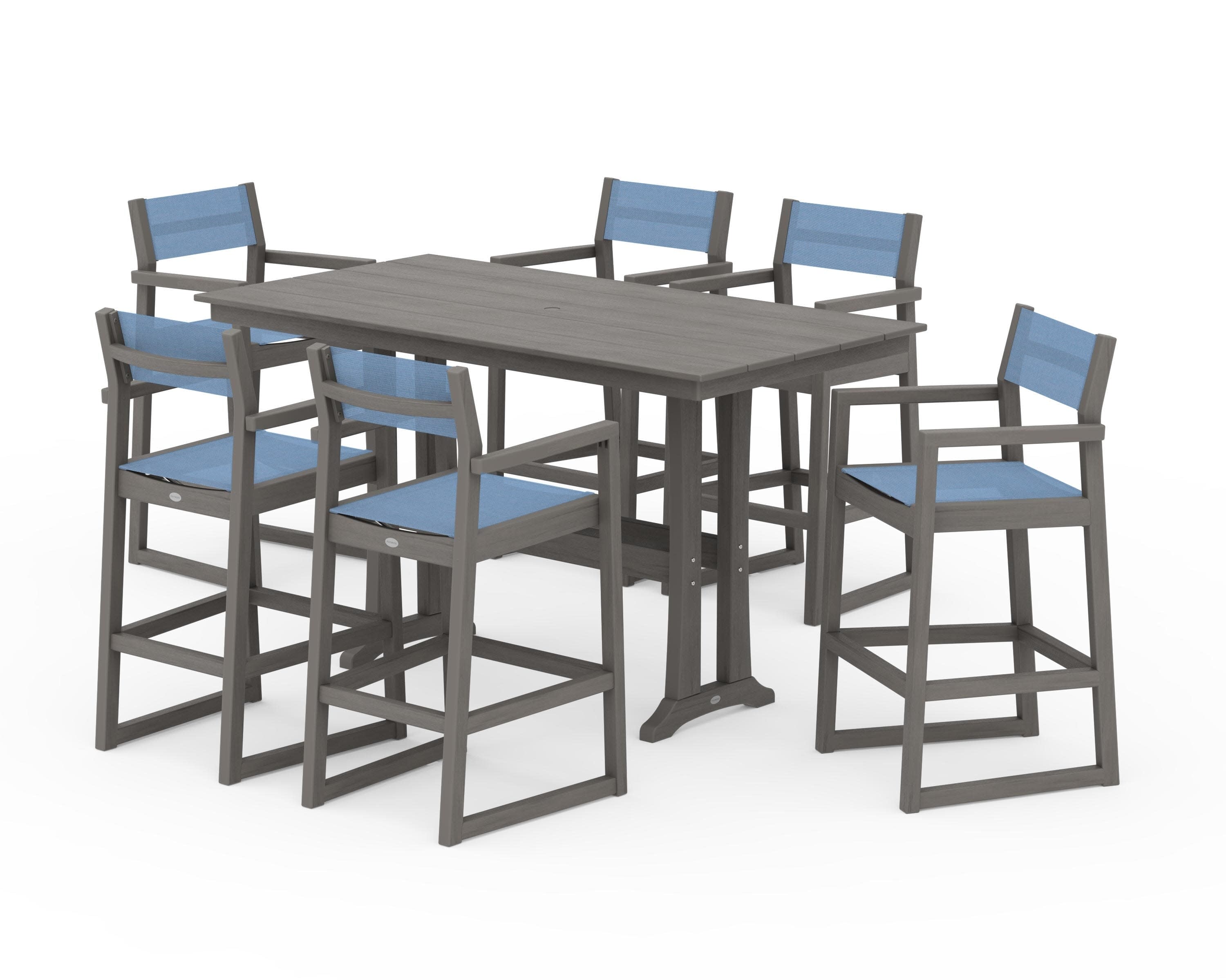 EDGE Sling Arm Chair 7-Piece Farmhouse Bar Set with Trestle Legs in Driftwood / Poolside Sling
