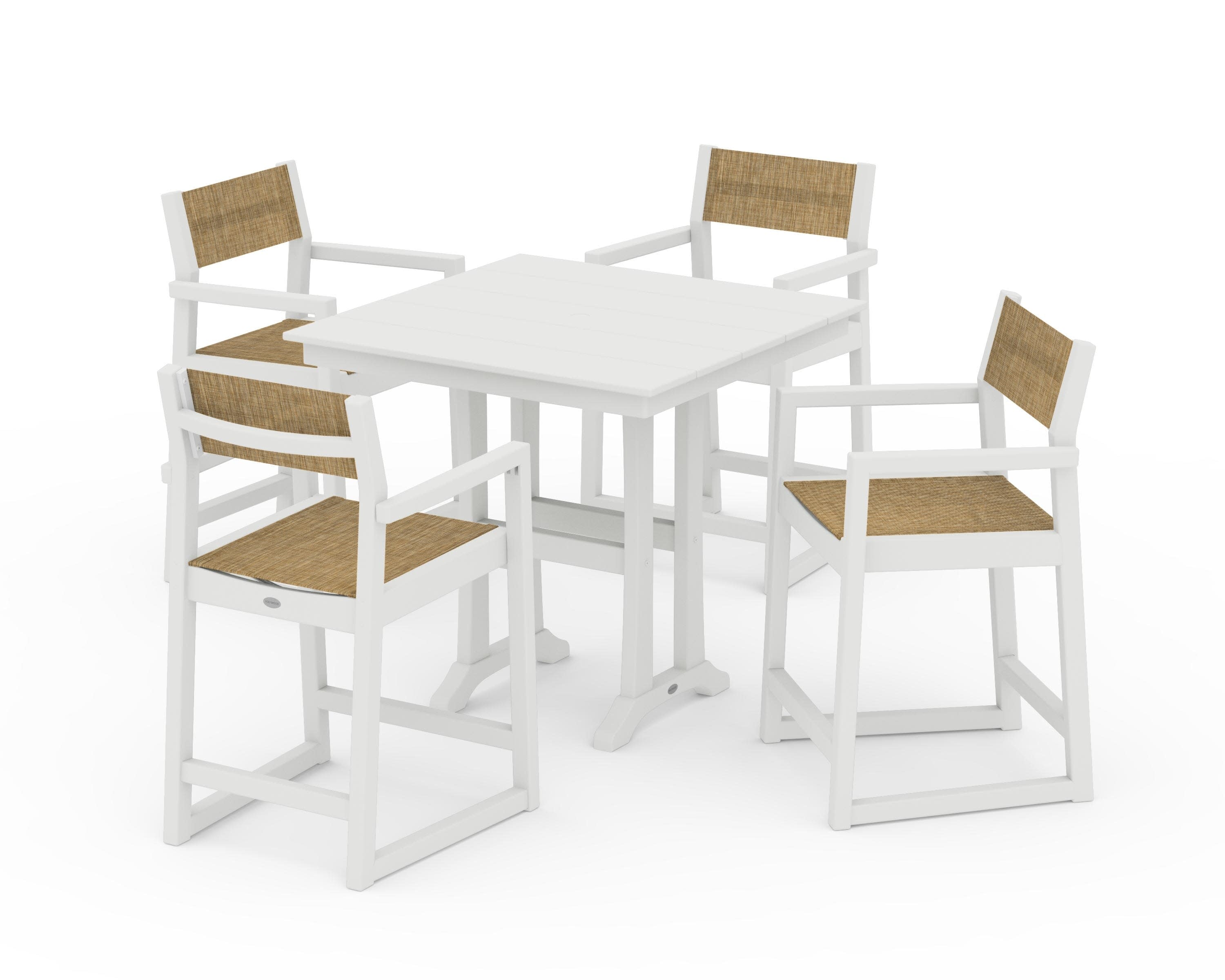EDGE Sling Arm Chair 5-Piece Farmhouse Counter Set with Trestle Legs in Vintage White / Burlap Sling