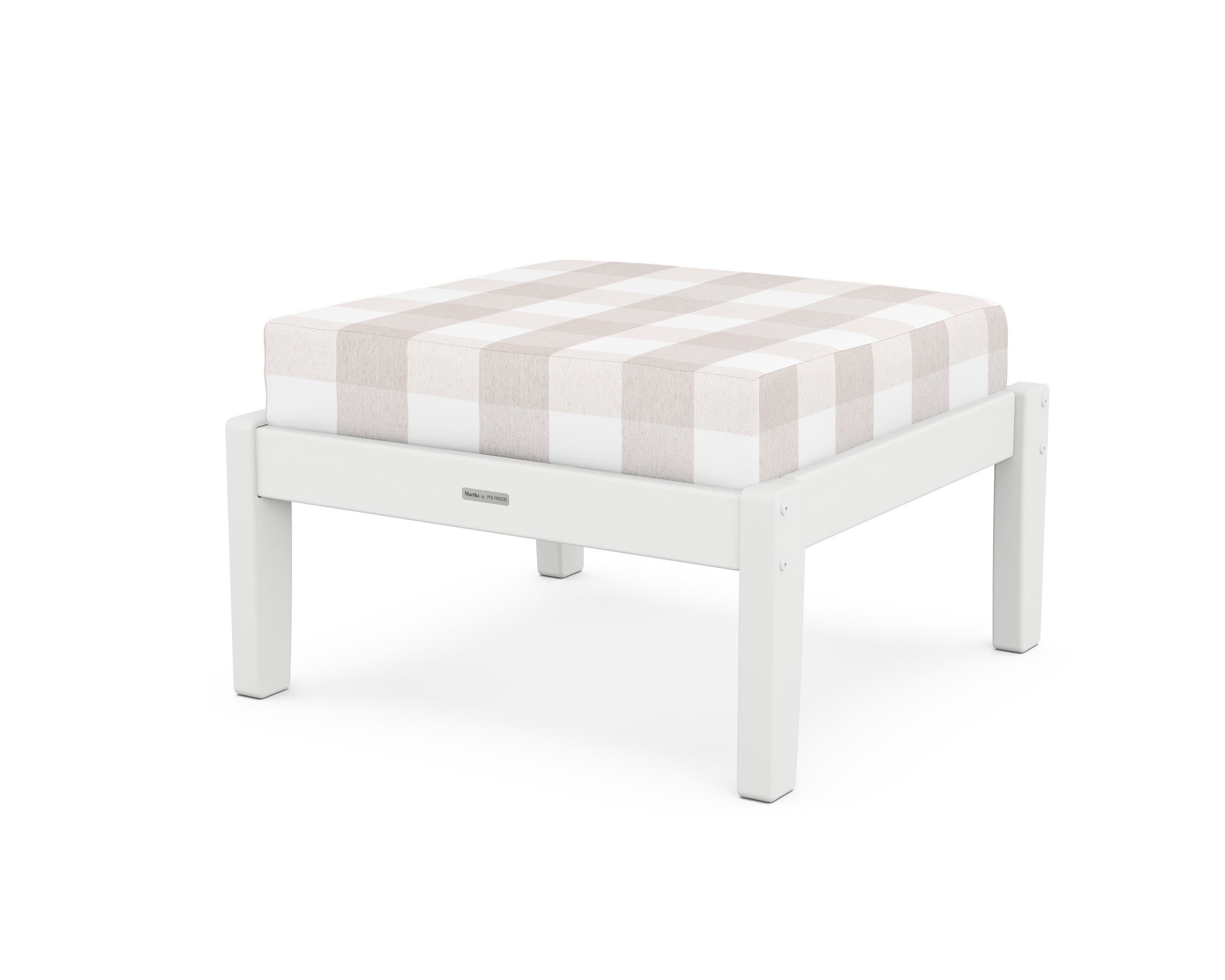 Chinoiserie Deep Seating Ottoman in White / Buffalo Plaid Dune Burlap