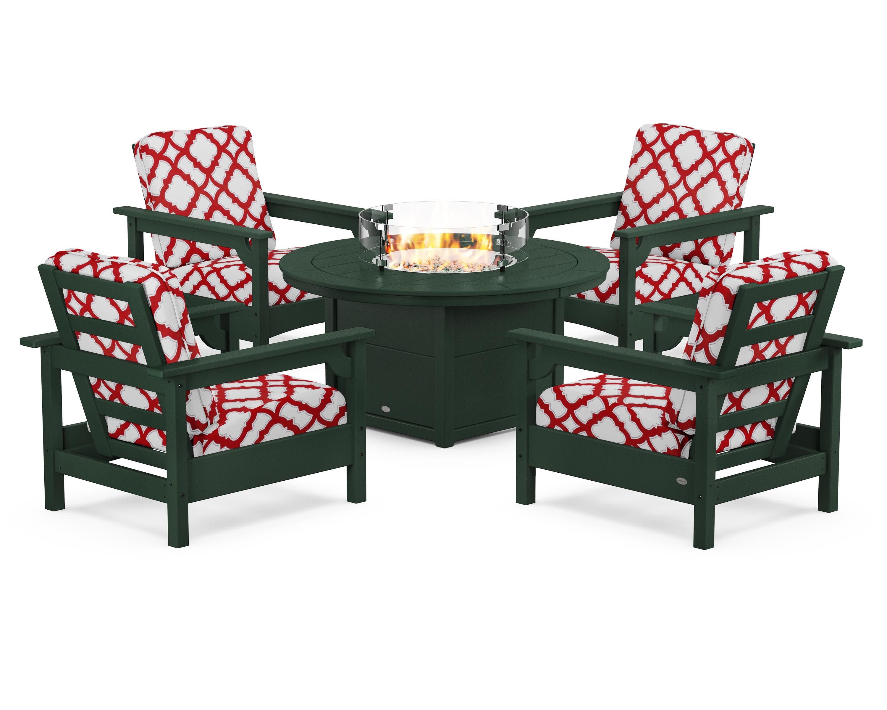 Club 5-Piece Conversation Set with Fire Pit Table in Green / Trellis Crimson