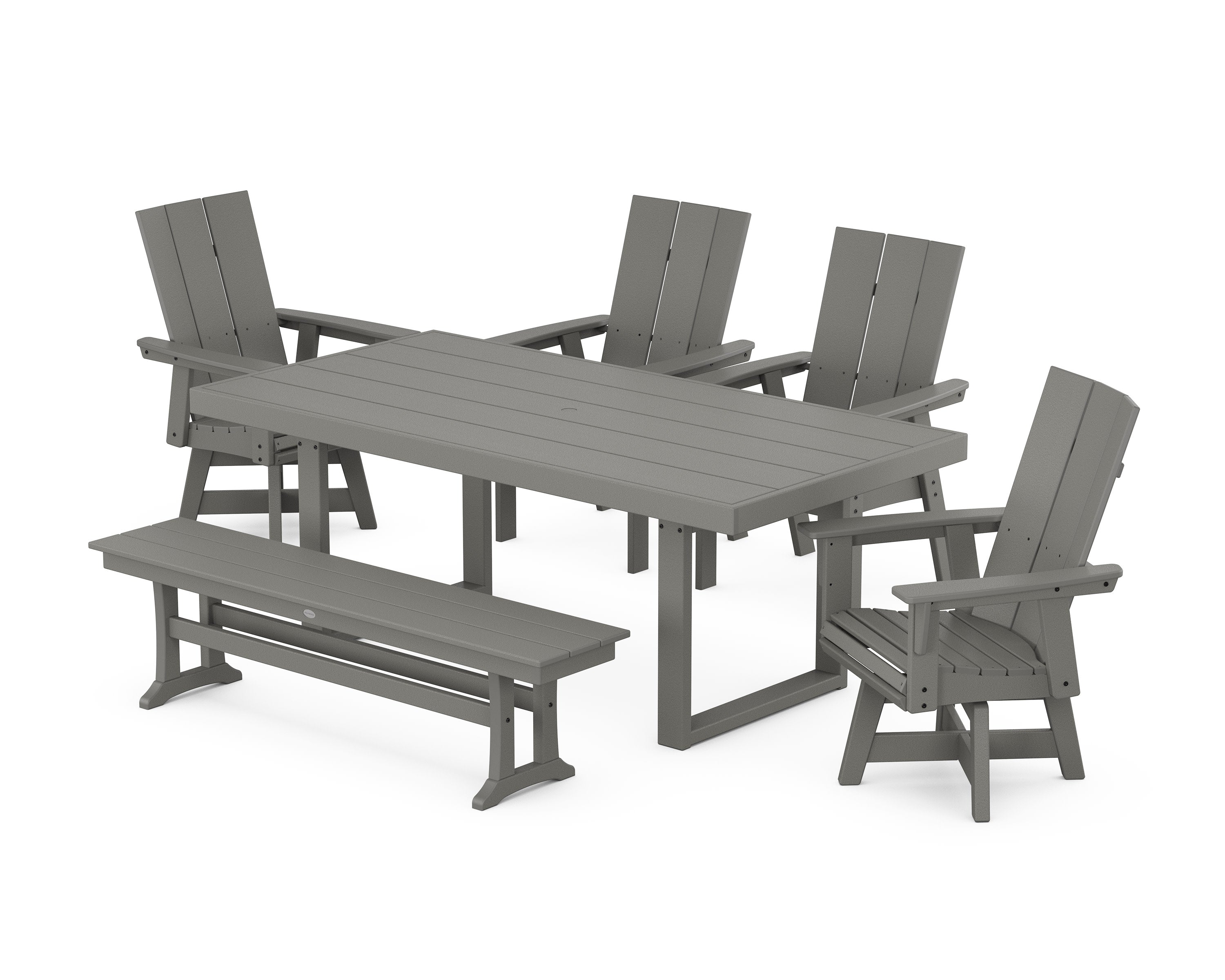 Modern Curveback Adirondack Swivel Chair 6-Piece Dining Set with Bench in Slate Grey