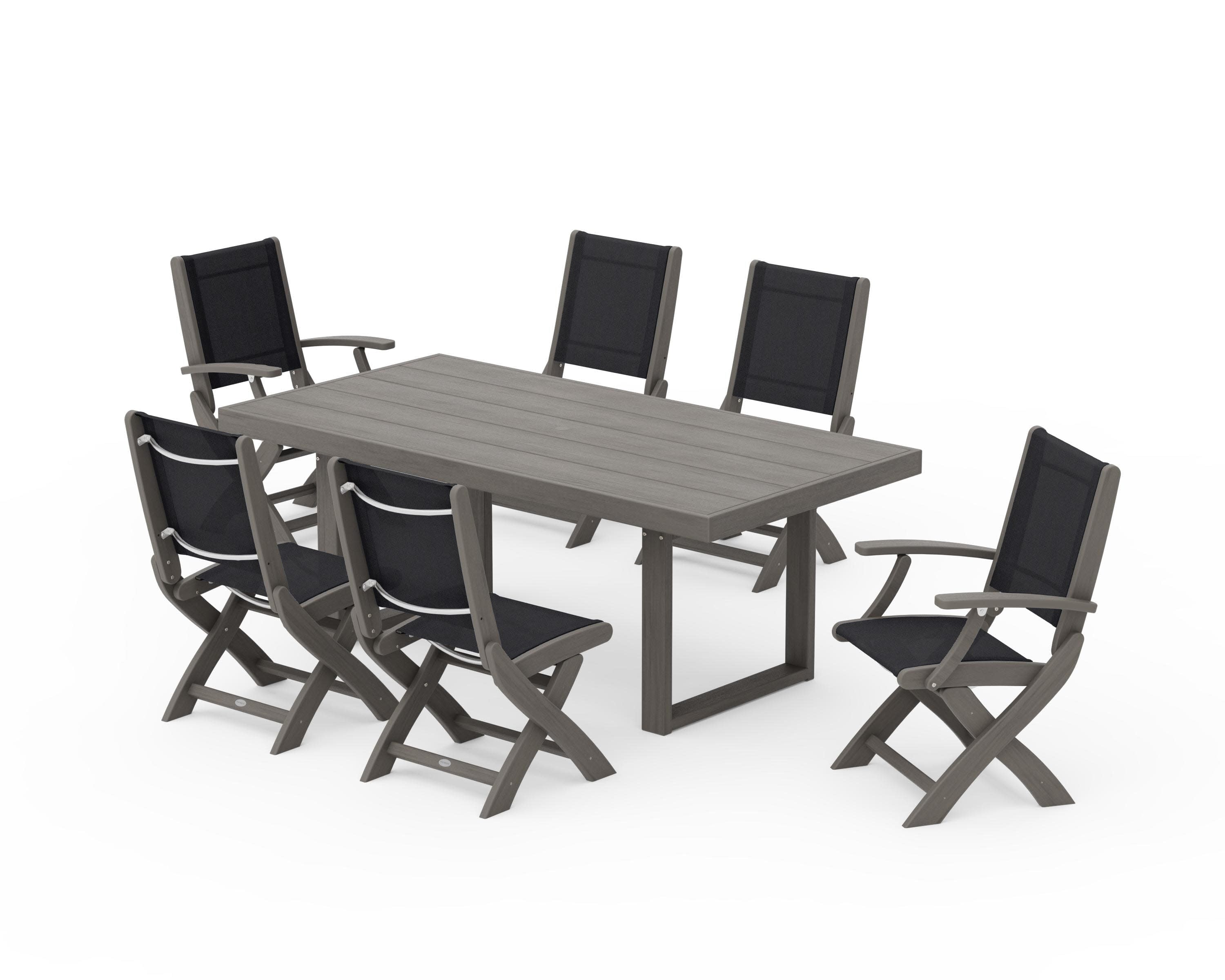 Coastal Folding Chair 7-Piece Dining Set with Trestle Legs in Driftwood / Black Sling