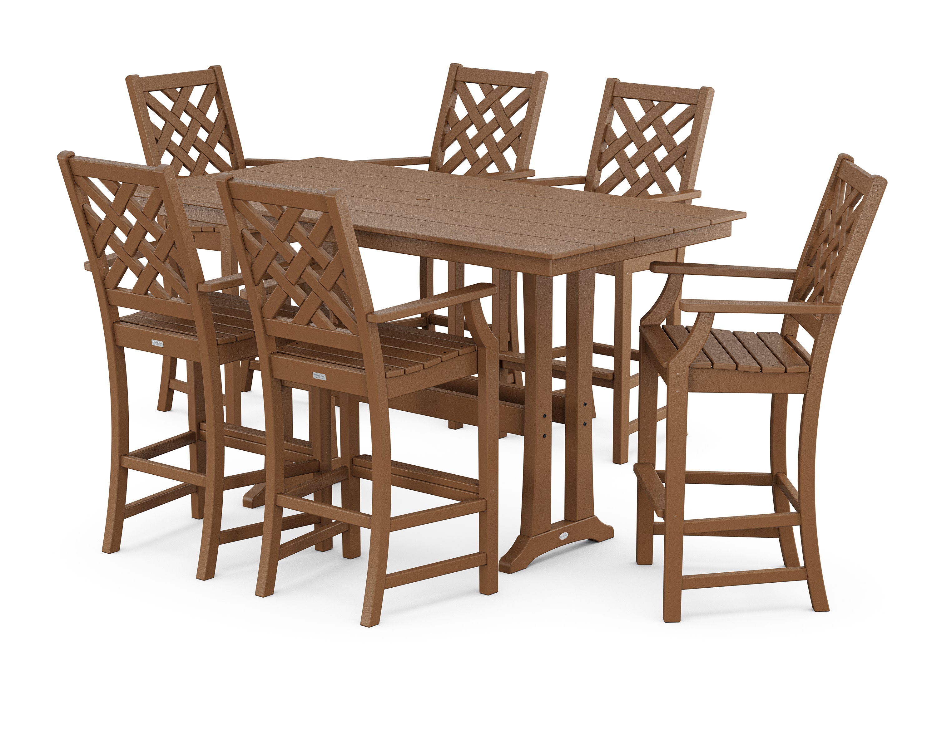 Wovendale Arm Chair 7-Piece Farmhouse Bar Set with Trestle Legs in Teak
