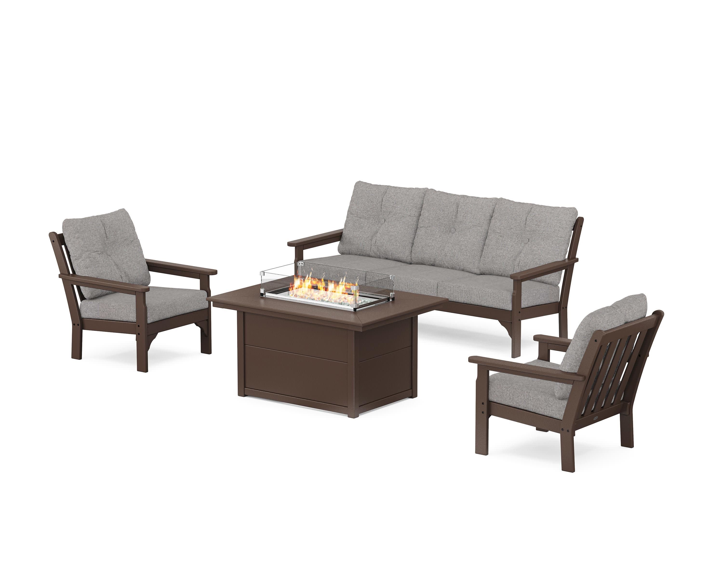 Vineyard Deep Seating Fire Pit Table Set in Mahogany / Grey Mist