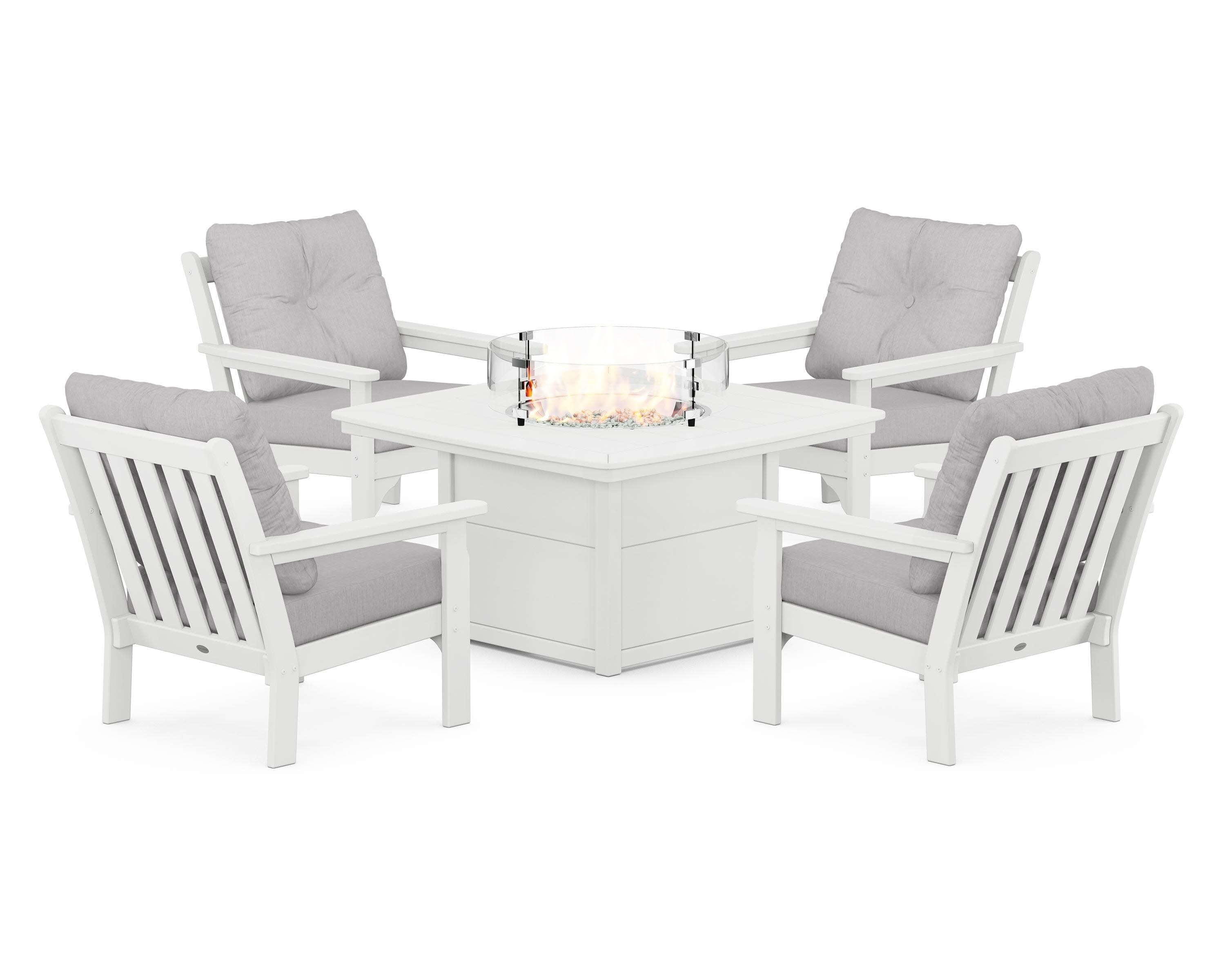 Vineyard 5-Piece Conversation Set with Fire Pit Table in White / Granite