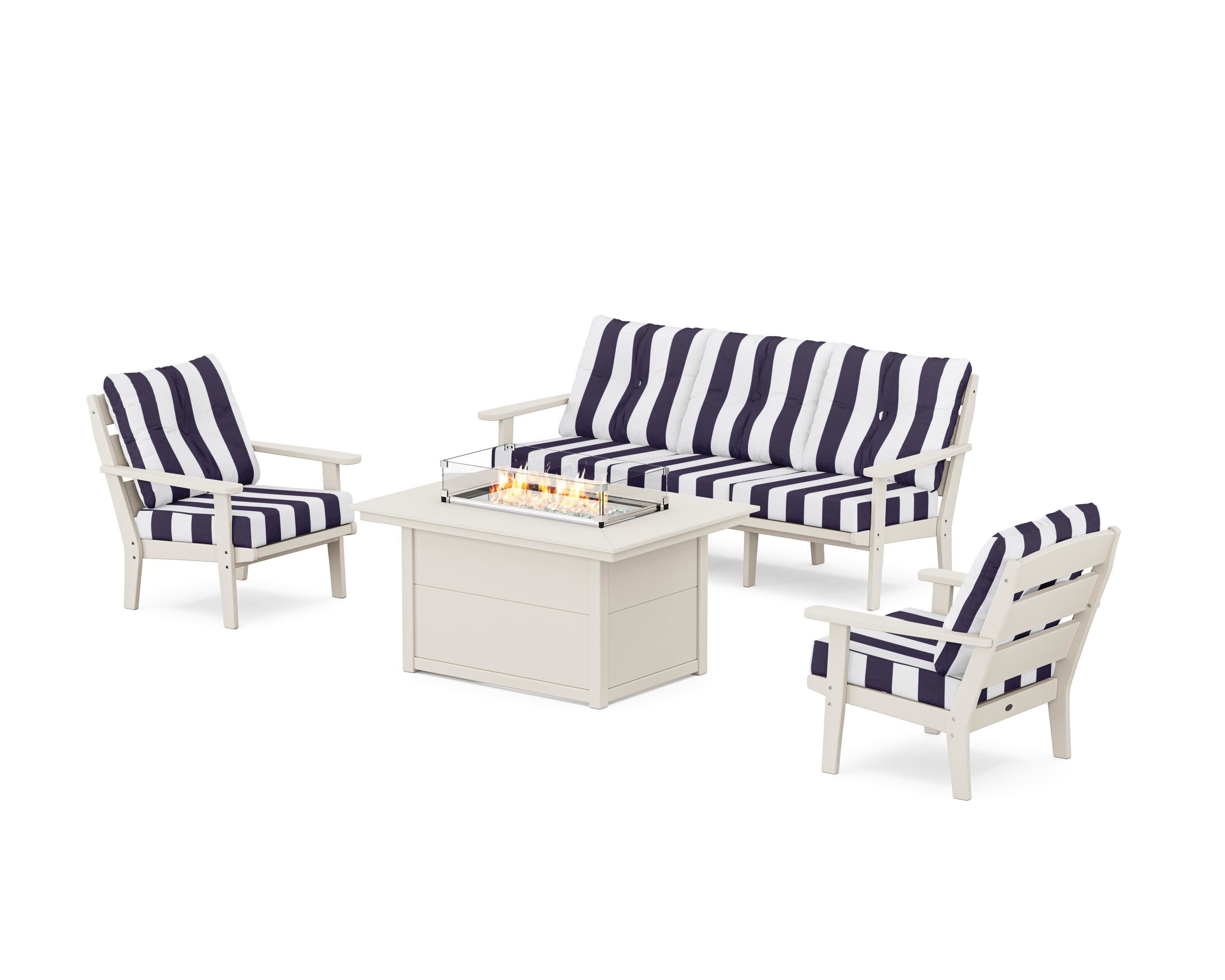 Lakeside Deep Seating Fire Pit Table Set in Sand / Cabana Stripe Navy