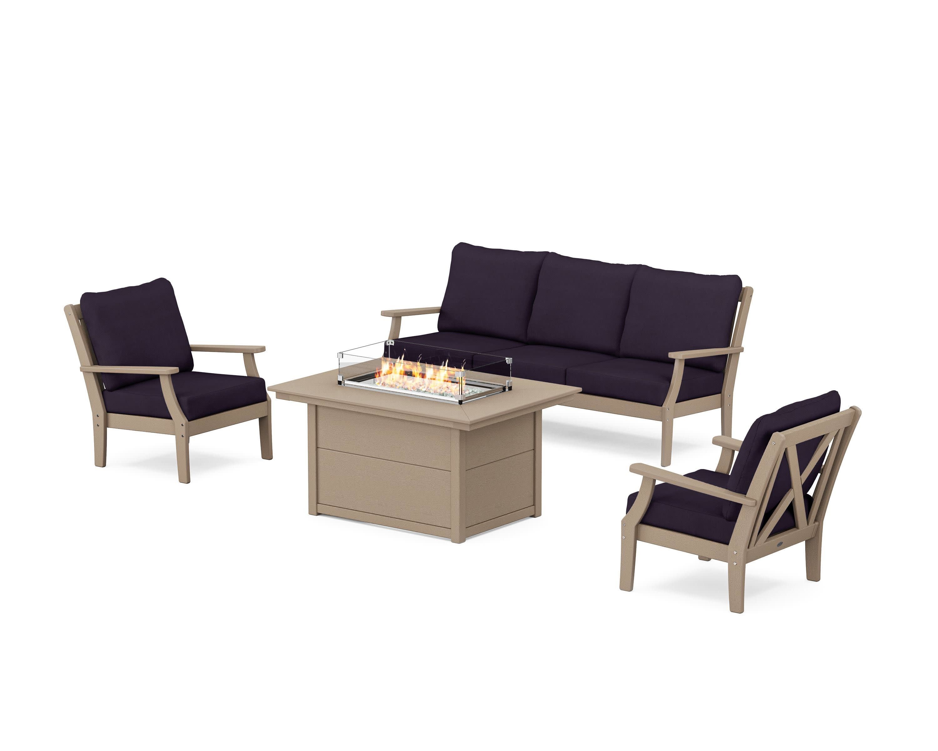 Braxton Deep Seating Fire Pit Table Set in Vintage Sahara / Navy Linen