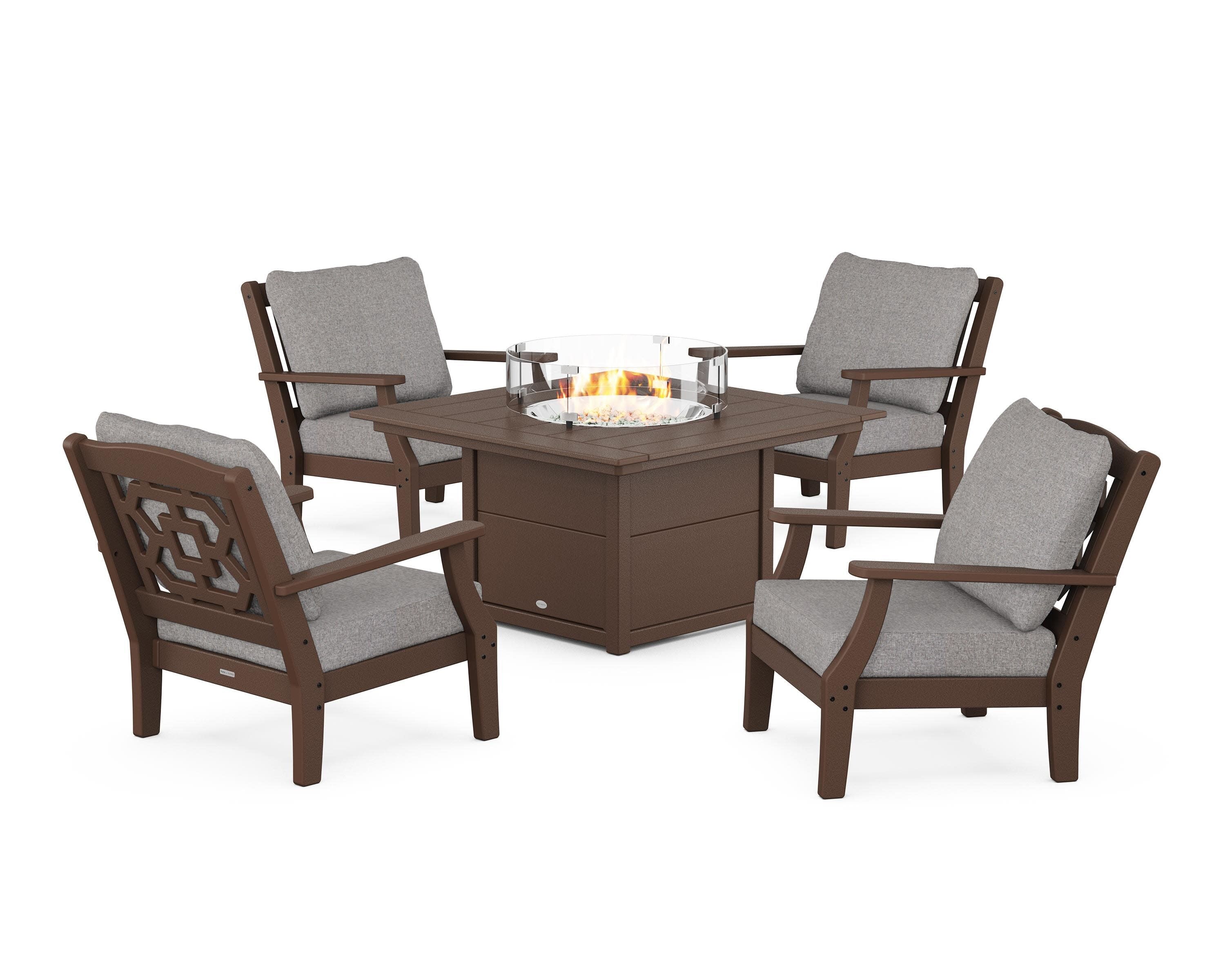 Chinoiserie 5-Piece Deep Seating Set with Fire Pit Table in Mahogany / Grey Mist
