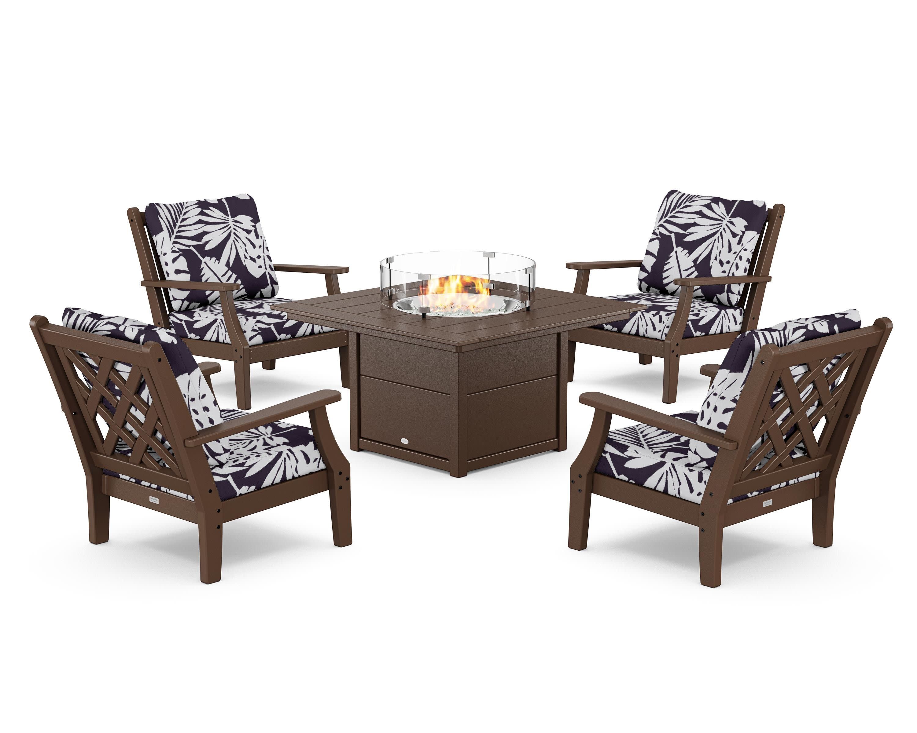 Wovendale 5-Piece Deep Seating Set with Fire Pit Table in Mahogany / Leaf Navy