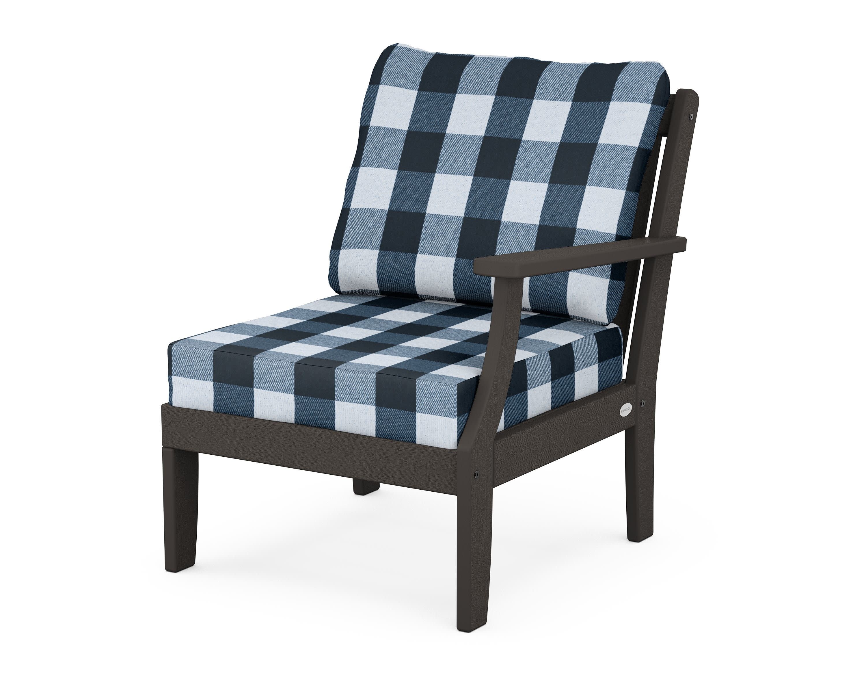 Braxton Modular Right Arm Chair in Vintage Coffee / Buffalo Plaid Marine Indigo